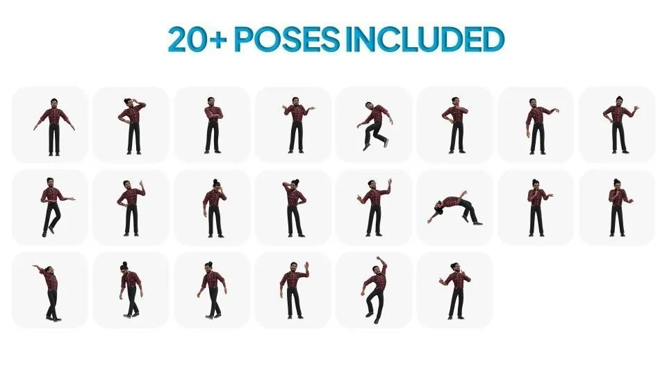 20 pre-made poses for Hipster Man Cartoon Character