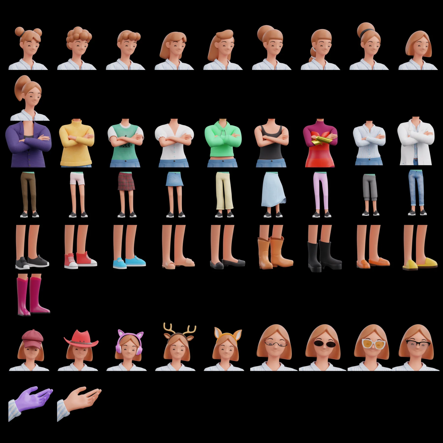 Female clothing, hair and accessory options