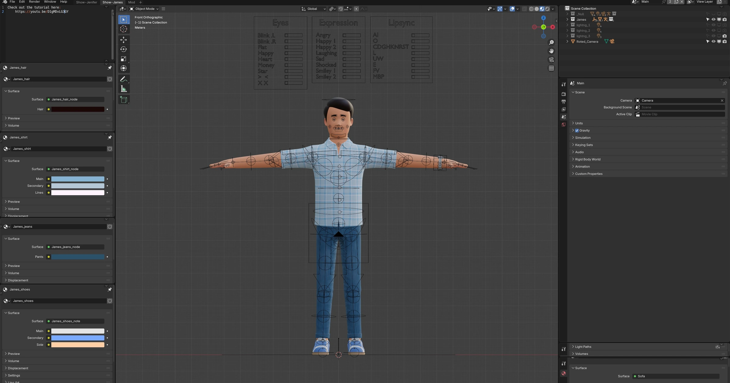James fully rigged character setup in Blender with organized rig controls