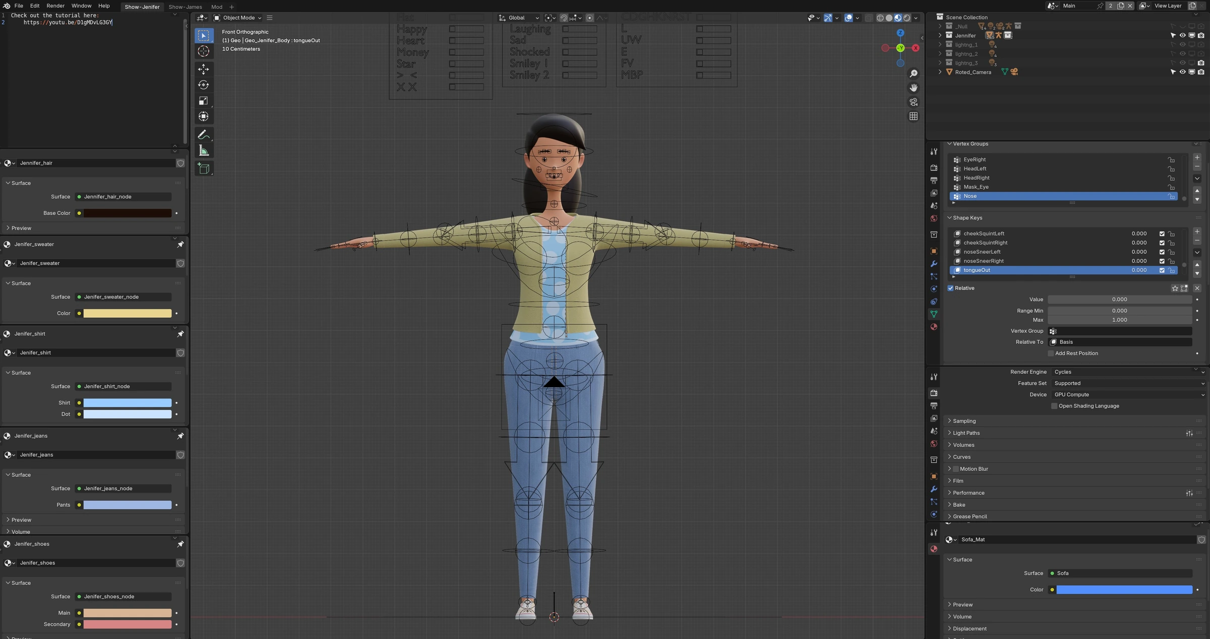 Jennifer fully rigged character setup in Blender with facial rig controls