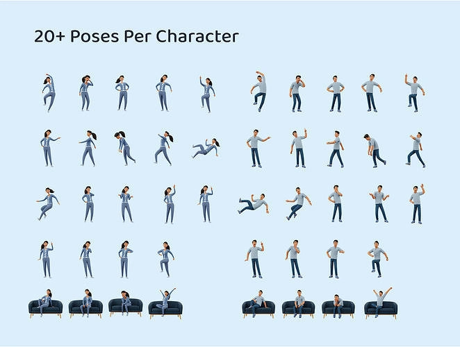 20 plus poses per character for Jennifer and James