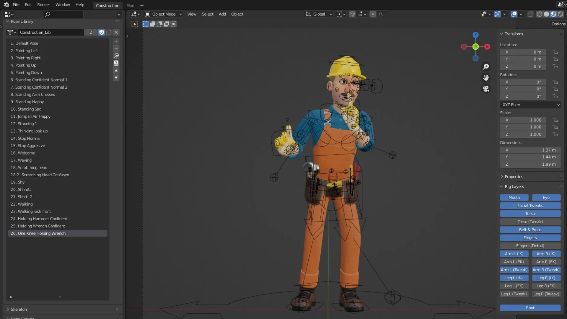 Male Cartoon Builder Character - Rigged 3D Character in Blender with advanced face and body rigging system