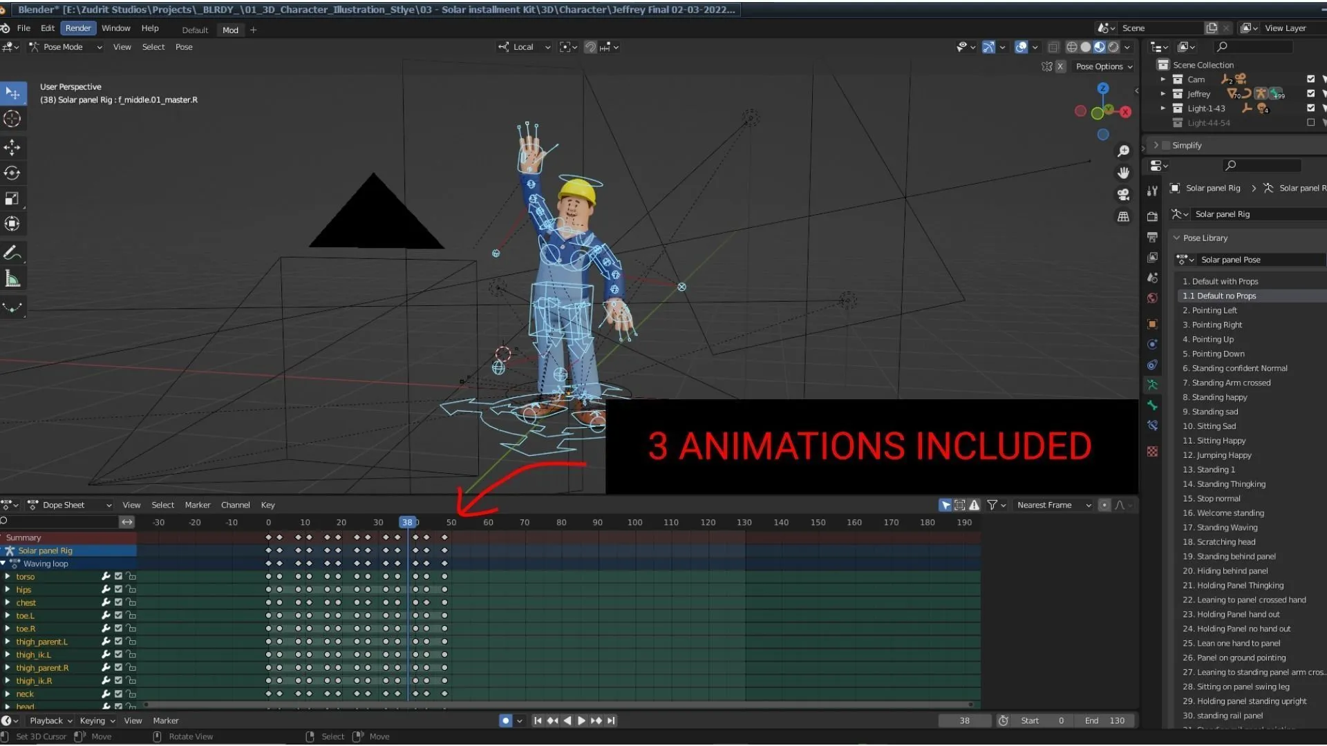Solar Power Worker Character 3D model in Blender workspace
