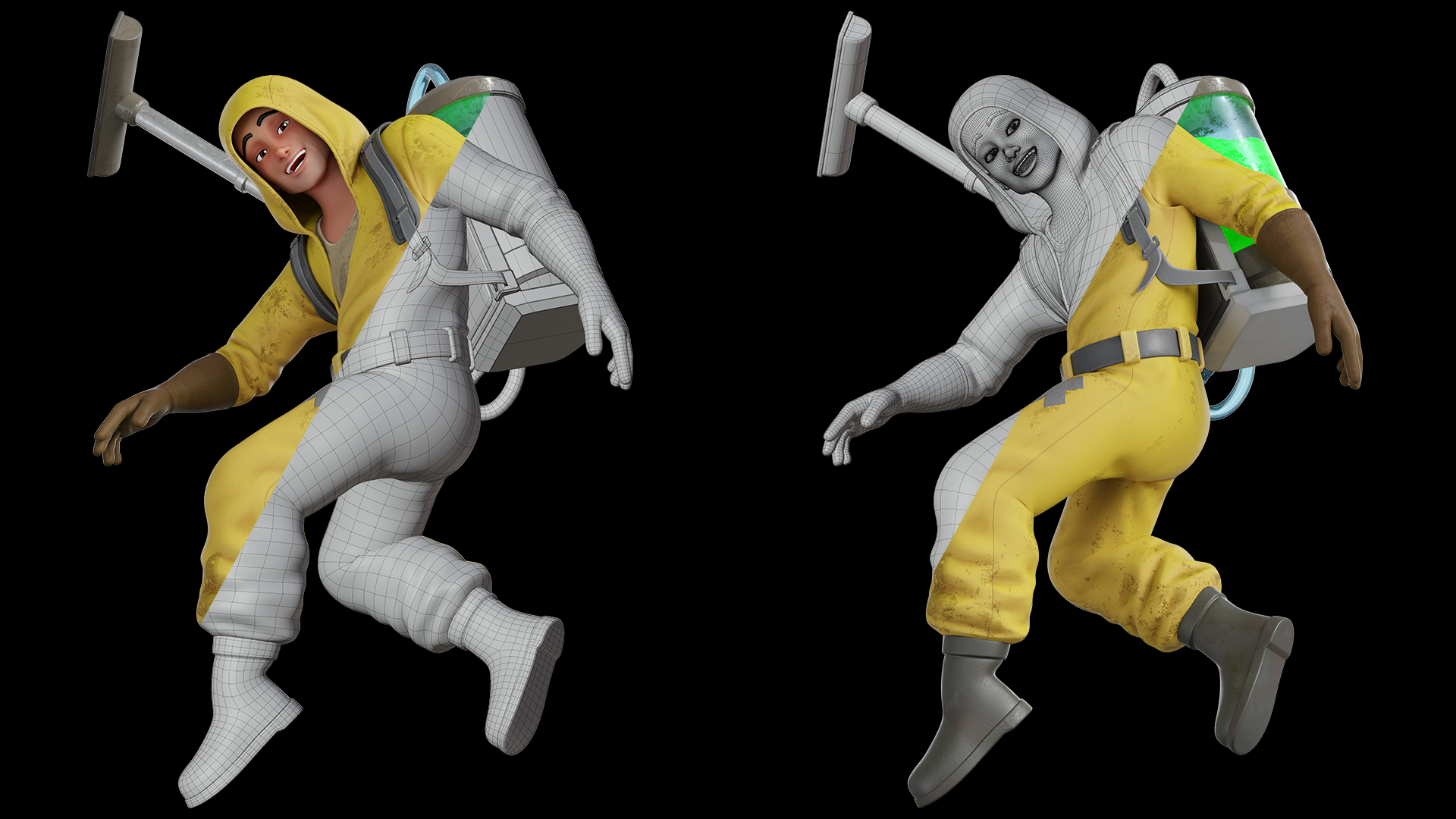 Modèle 3D « Nettoyeur de matières dangereuses » (style dessin animé), topologie quadri-polygonale low-poly
