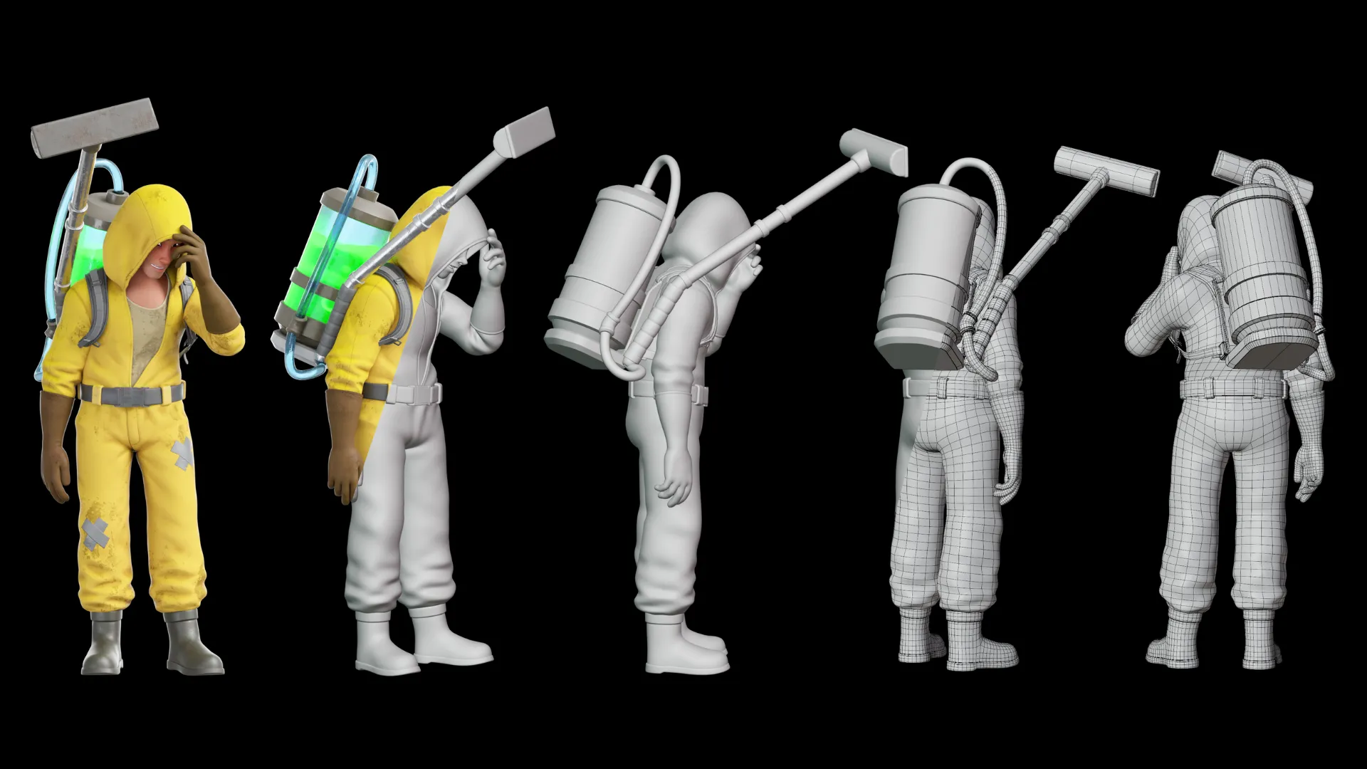 Cartoon Hazmat Cleaner 3D model color clay and wireframe preview