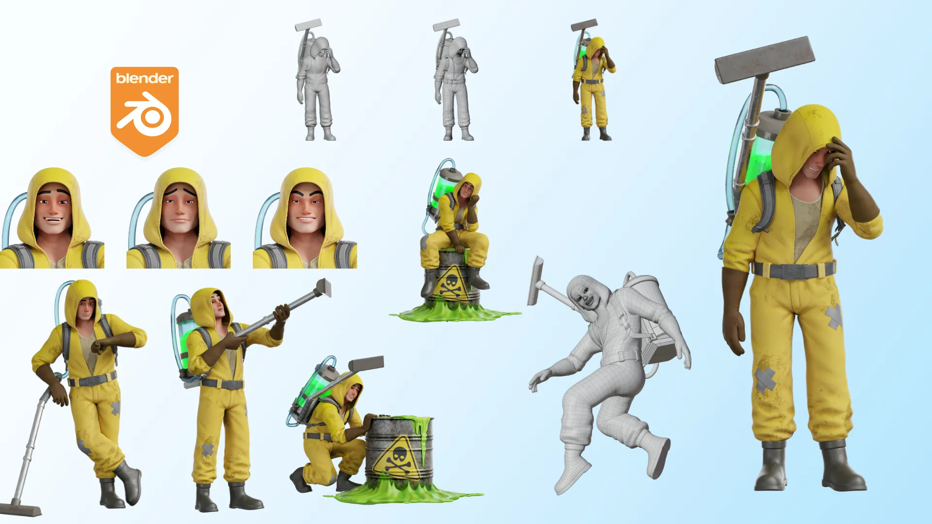 Cartoon Hazmat Cleaner 3D model main character render