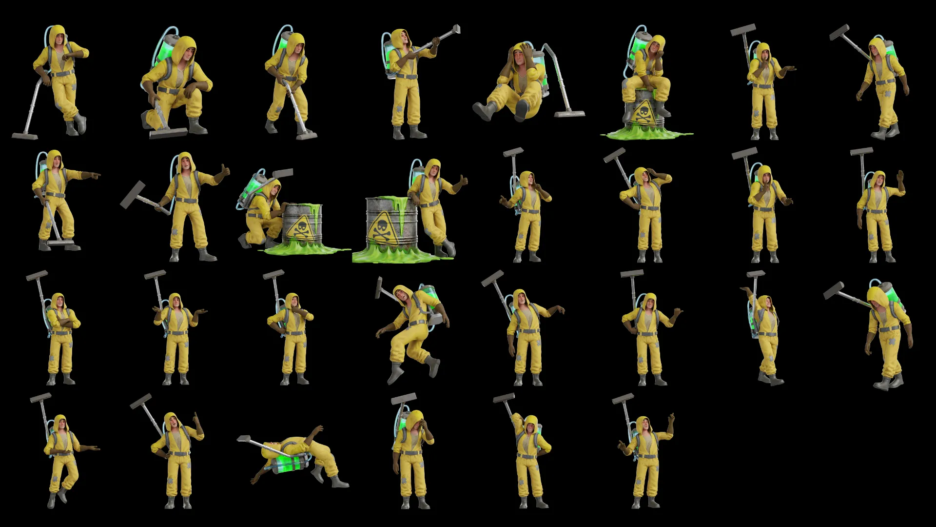 30 pre-made poses for the Cartoon Hazmat Cleaner 3D model
