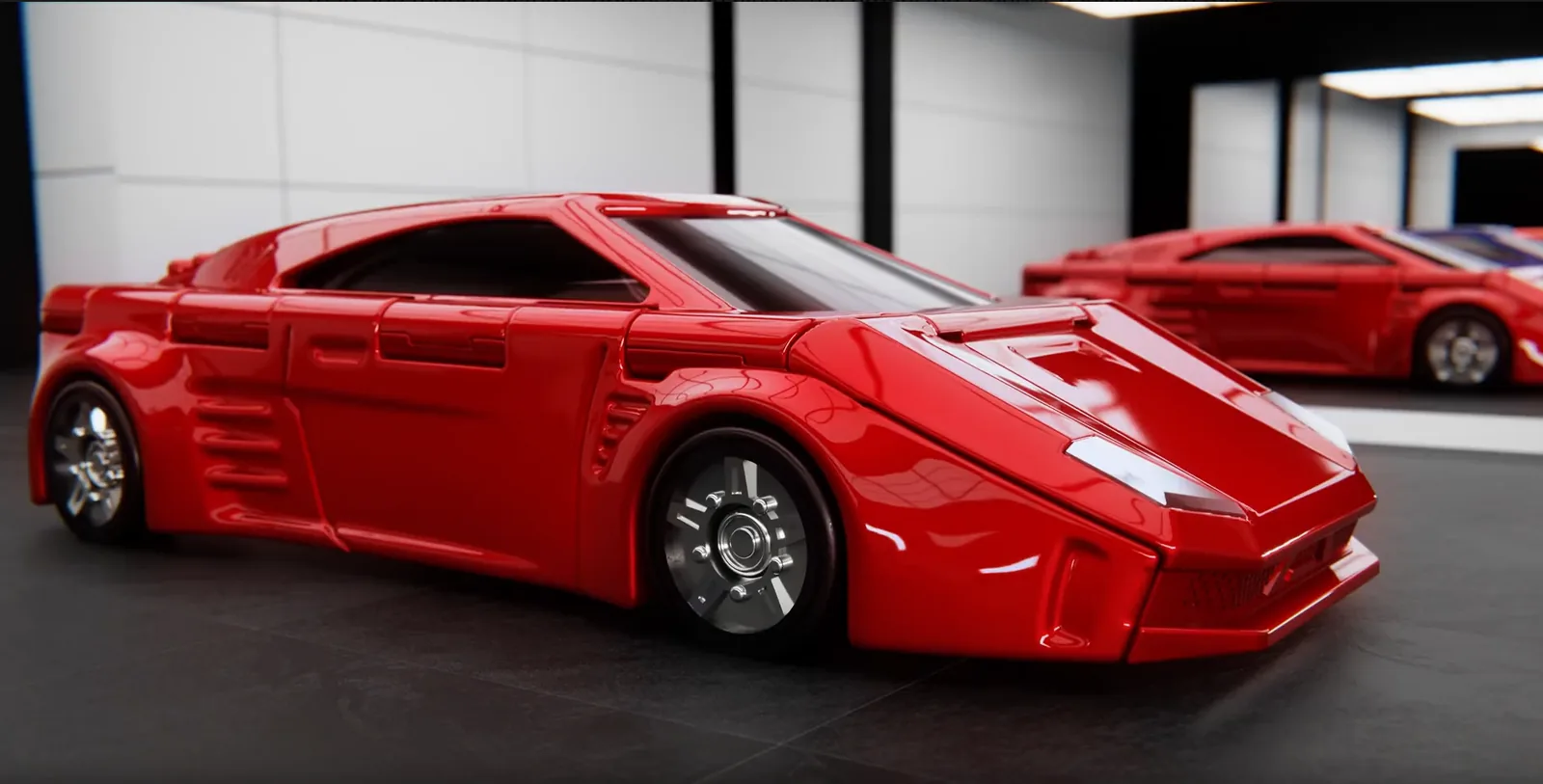 Final animation frame showing red supercars in a showroom