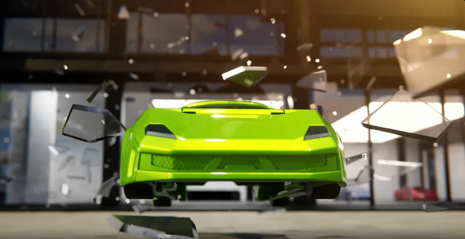 Final animation frame showing green supercar with flying debris