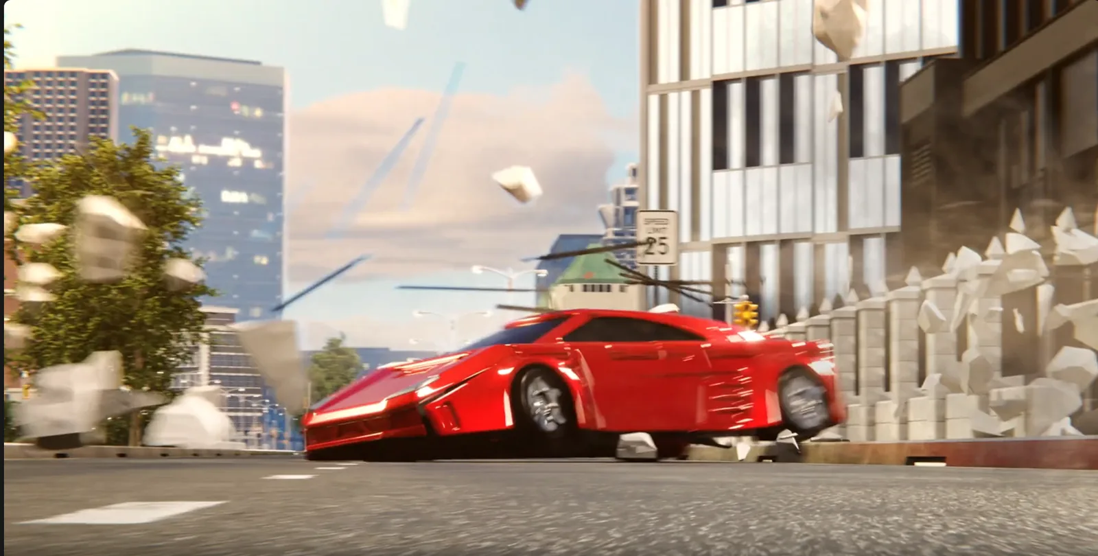Final animation frame showing red supercar driving through the city