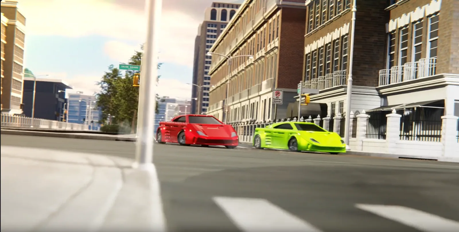Final animation frame showing red and green supercars racing in the city