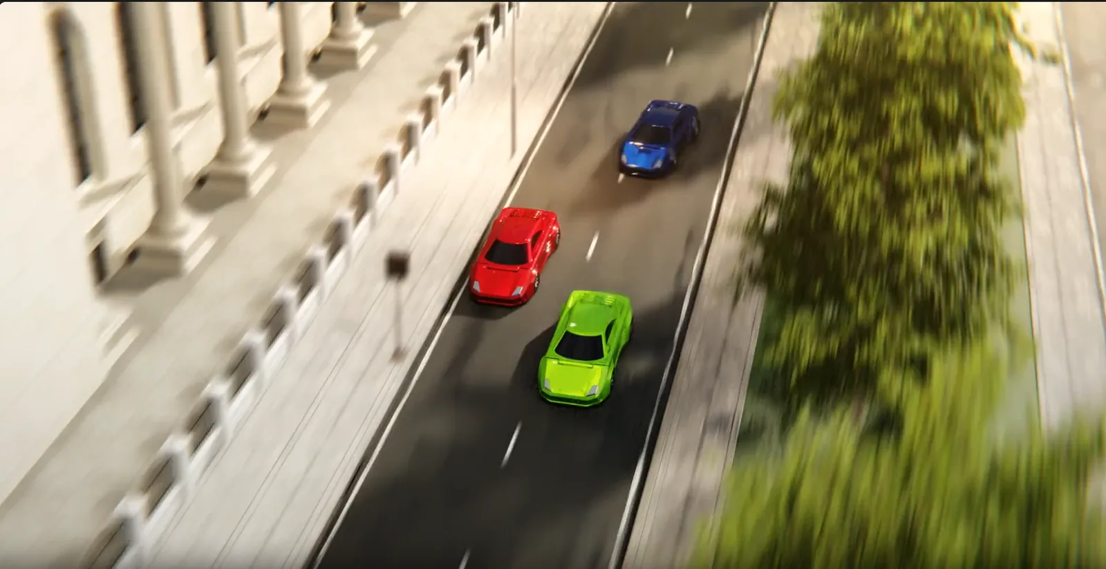 Final animation frame showing supercars from a top-down city view