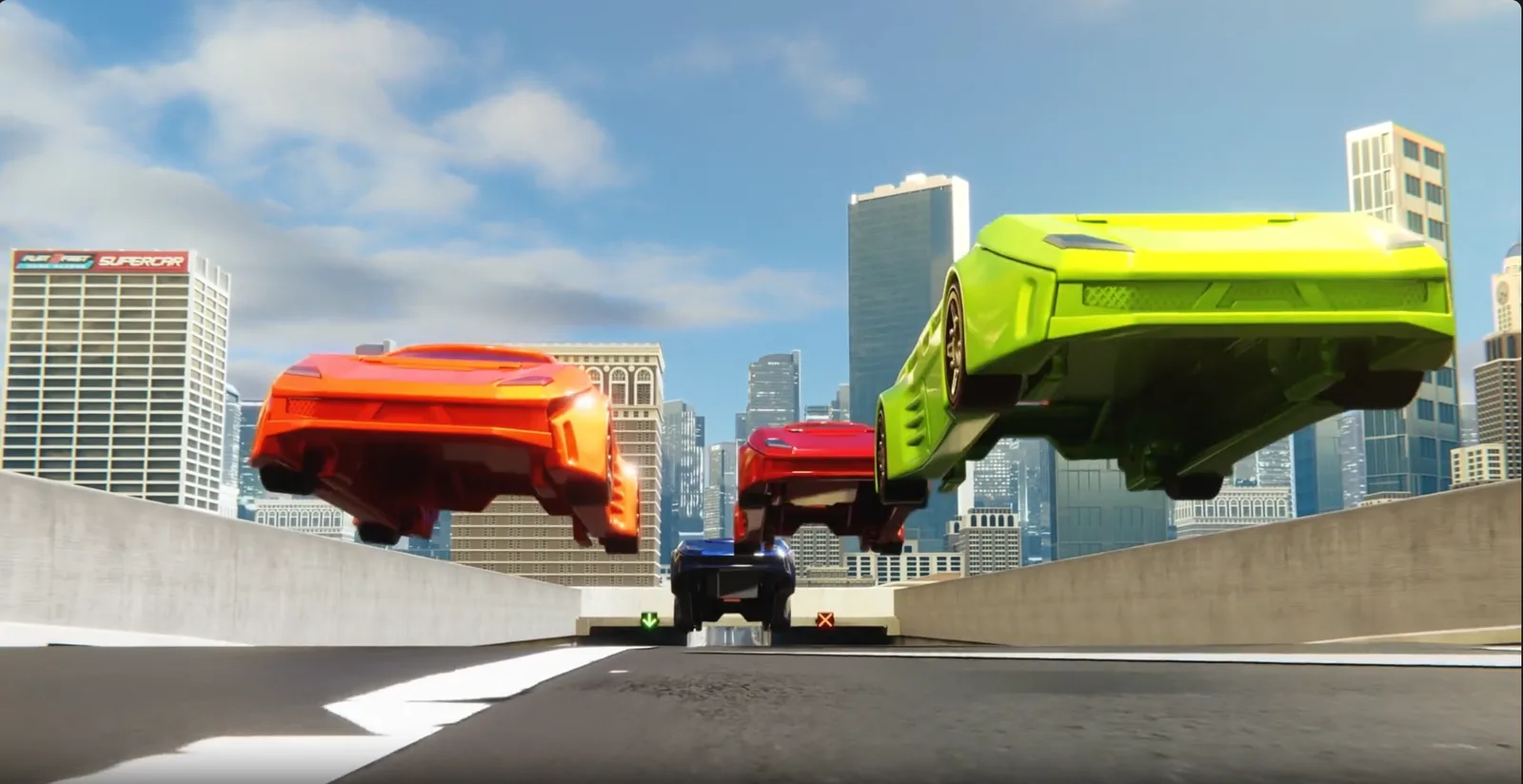 Final animation frame showing supercars jumping near the skyline