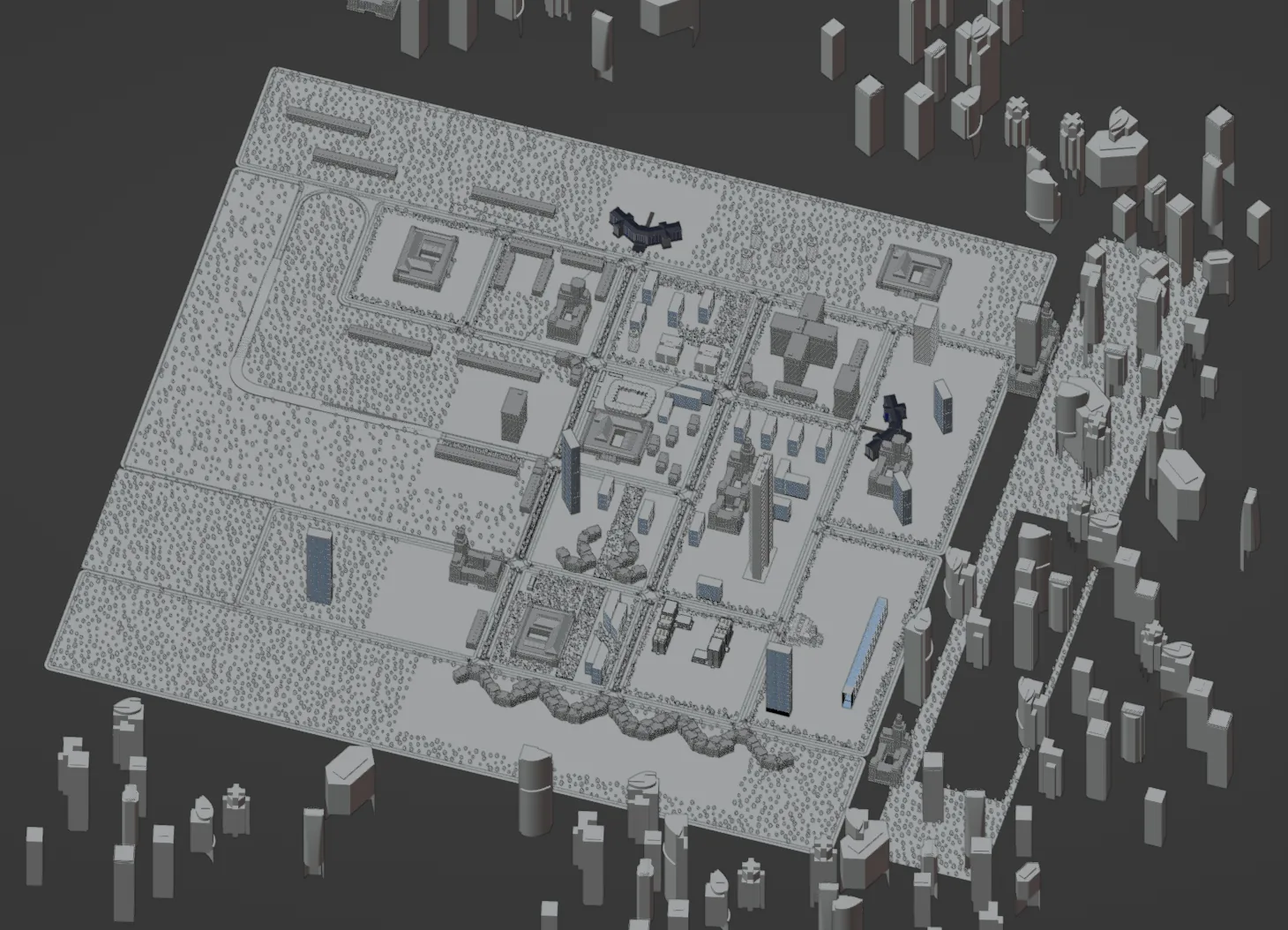 Blender city overview used for render optimization checks