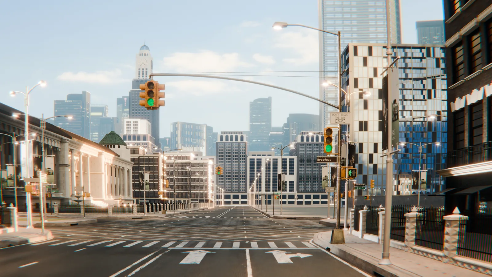 Final urban intersection render with American street signage
