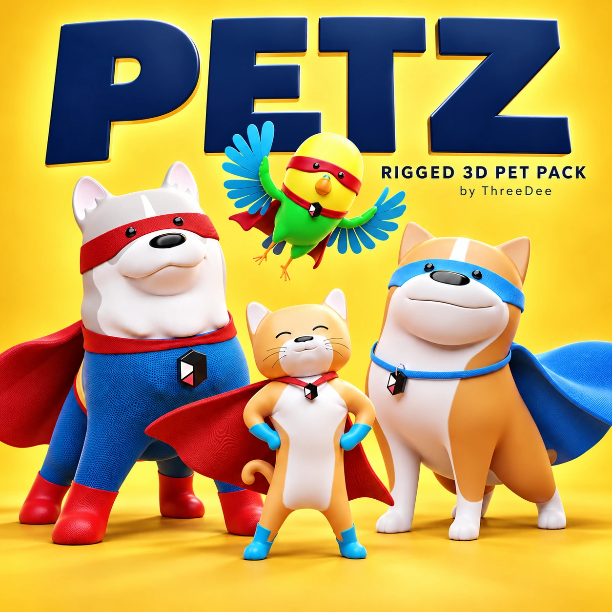Petz rigged cartoon pet pack with two dogs, a cat and a bird