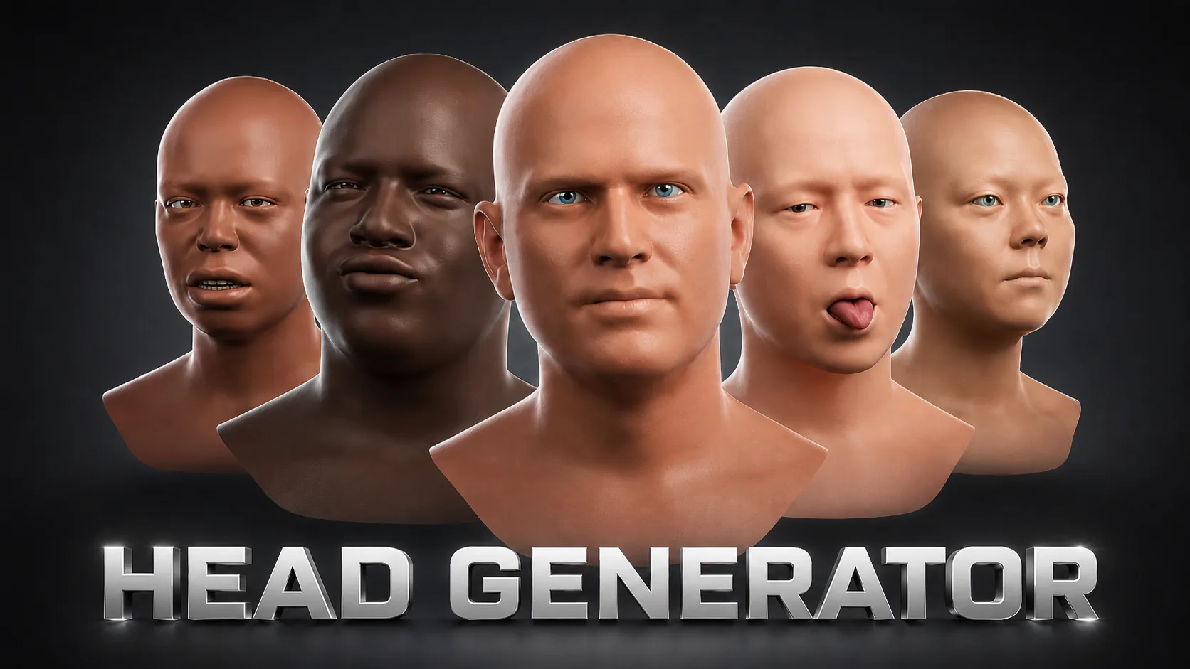 Five unique human heads generated with ThreeDee Head Generator