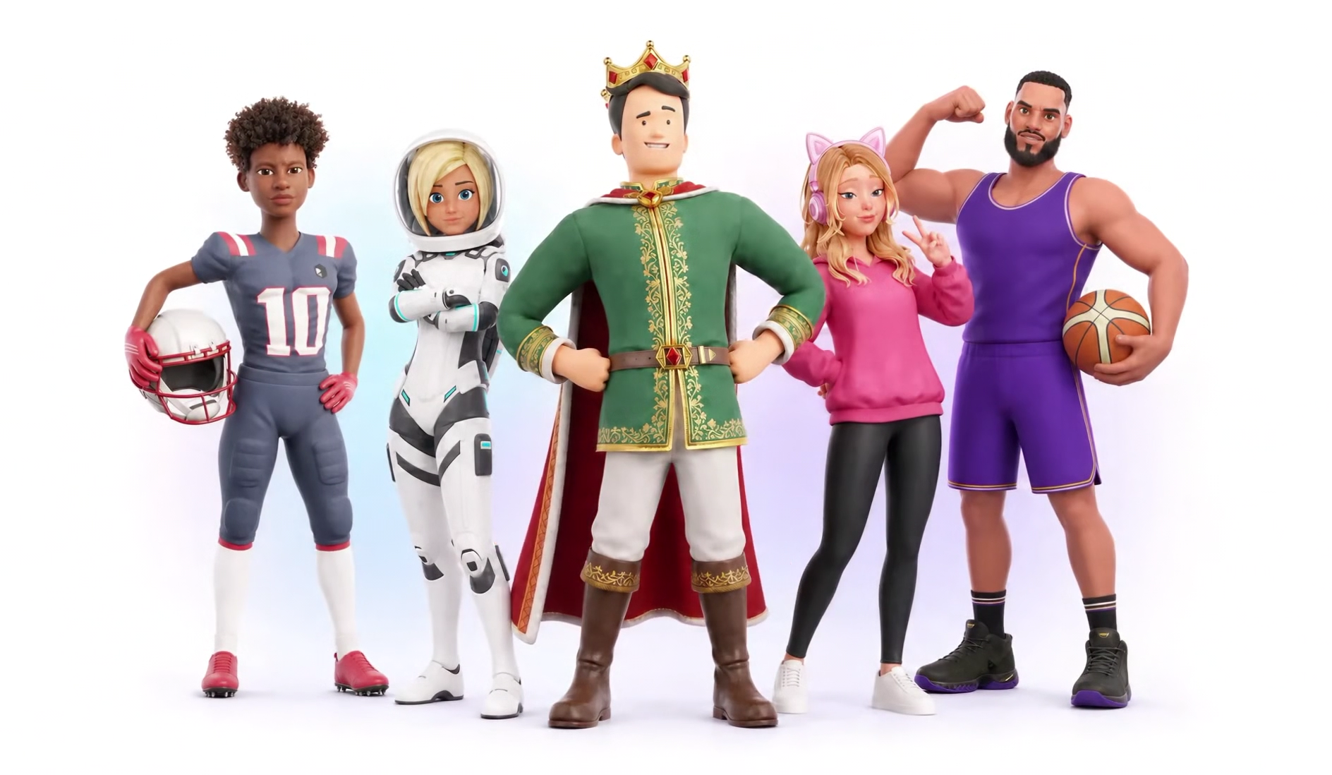Five stylized 3D characters: an NFL player, astronaut, king, gamer girl, and basketball player