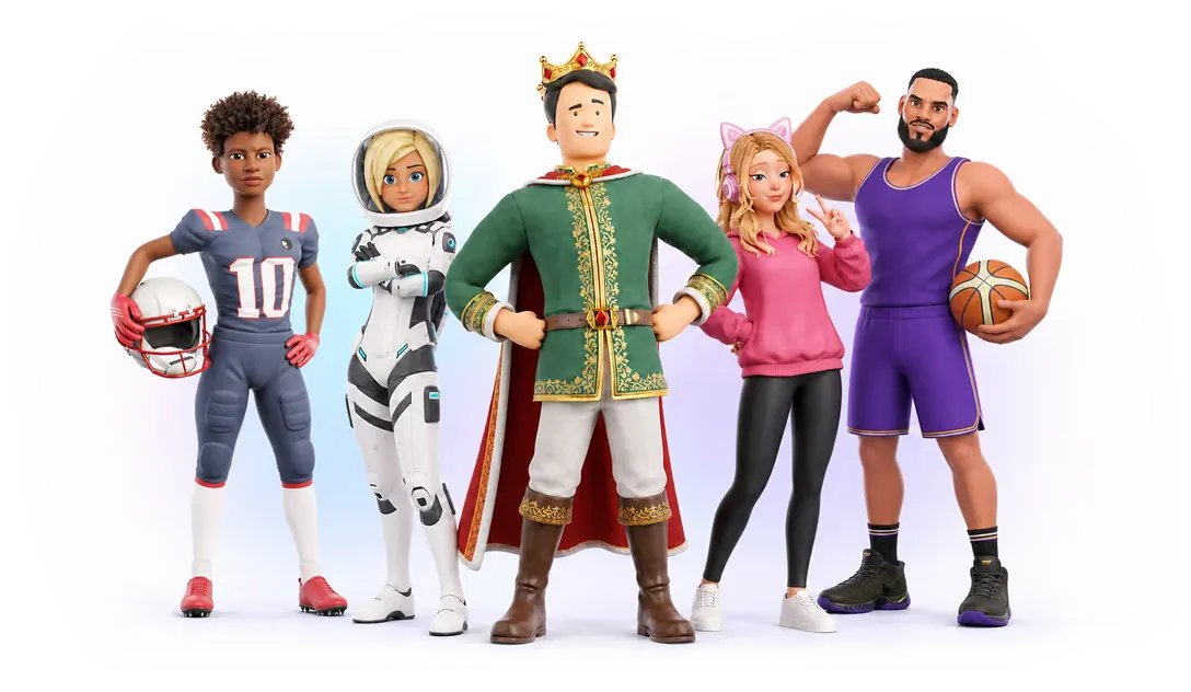 NFL Player, Female Astronaut, Cartoon King, Gamer Girl, and Basketball Player 3D characters