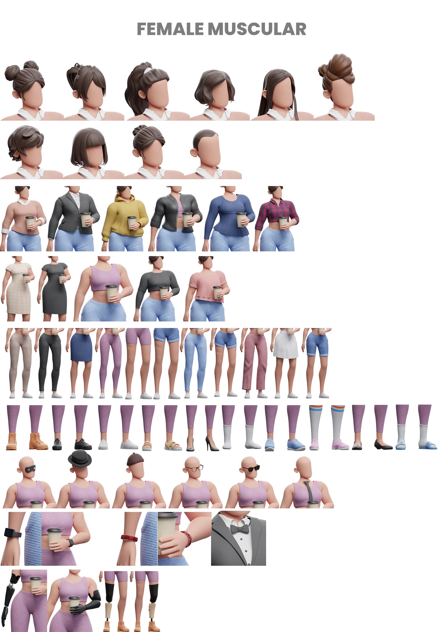 Cartoon 3D of female muscular with various clothes