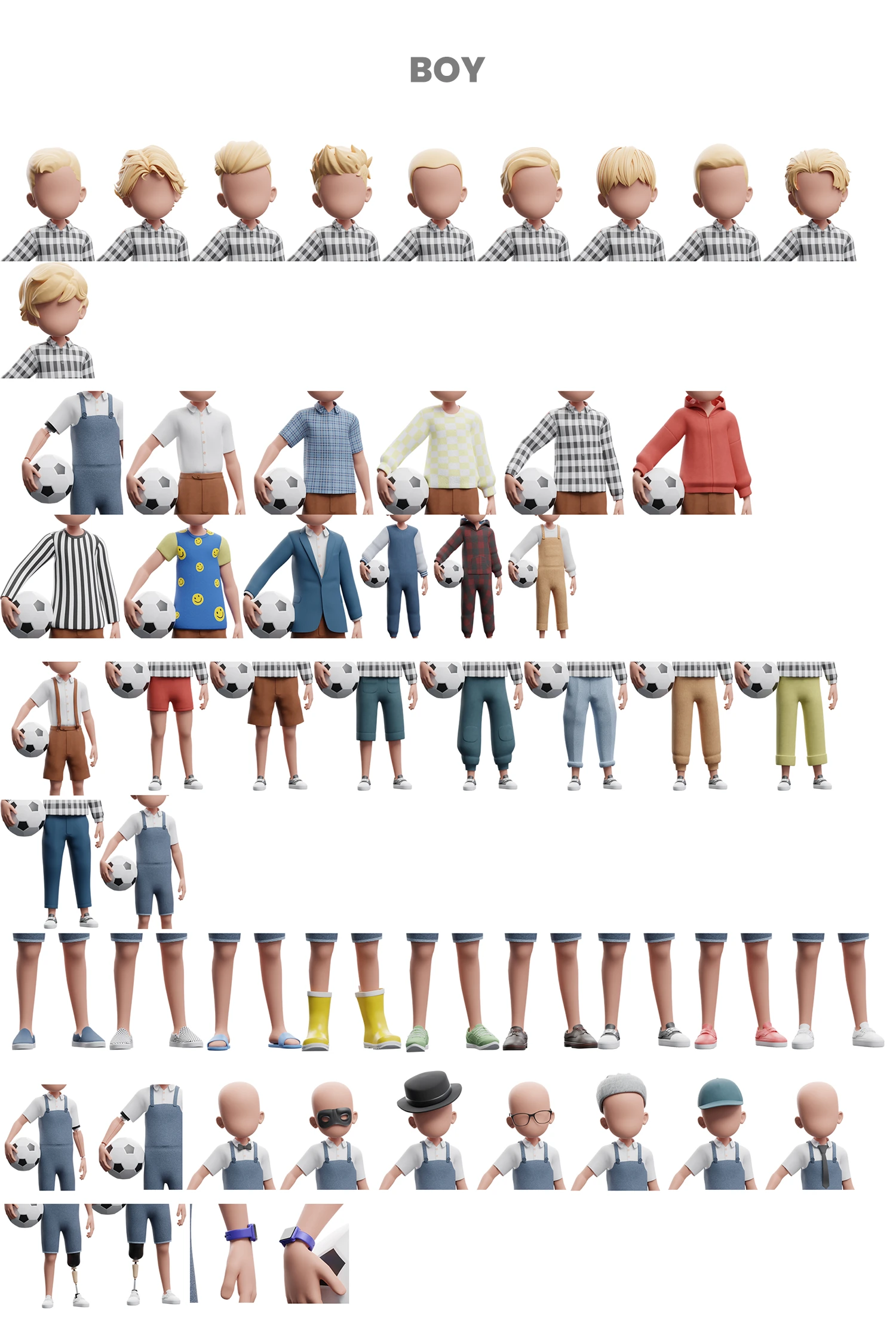 Cartoon 3D character of 3D boy with various clothes