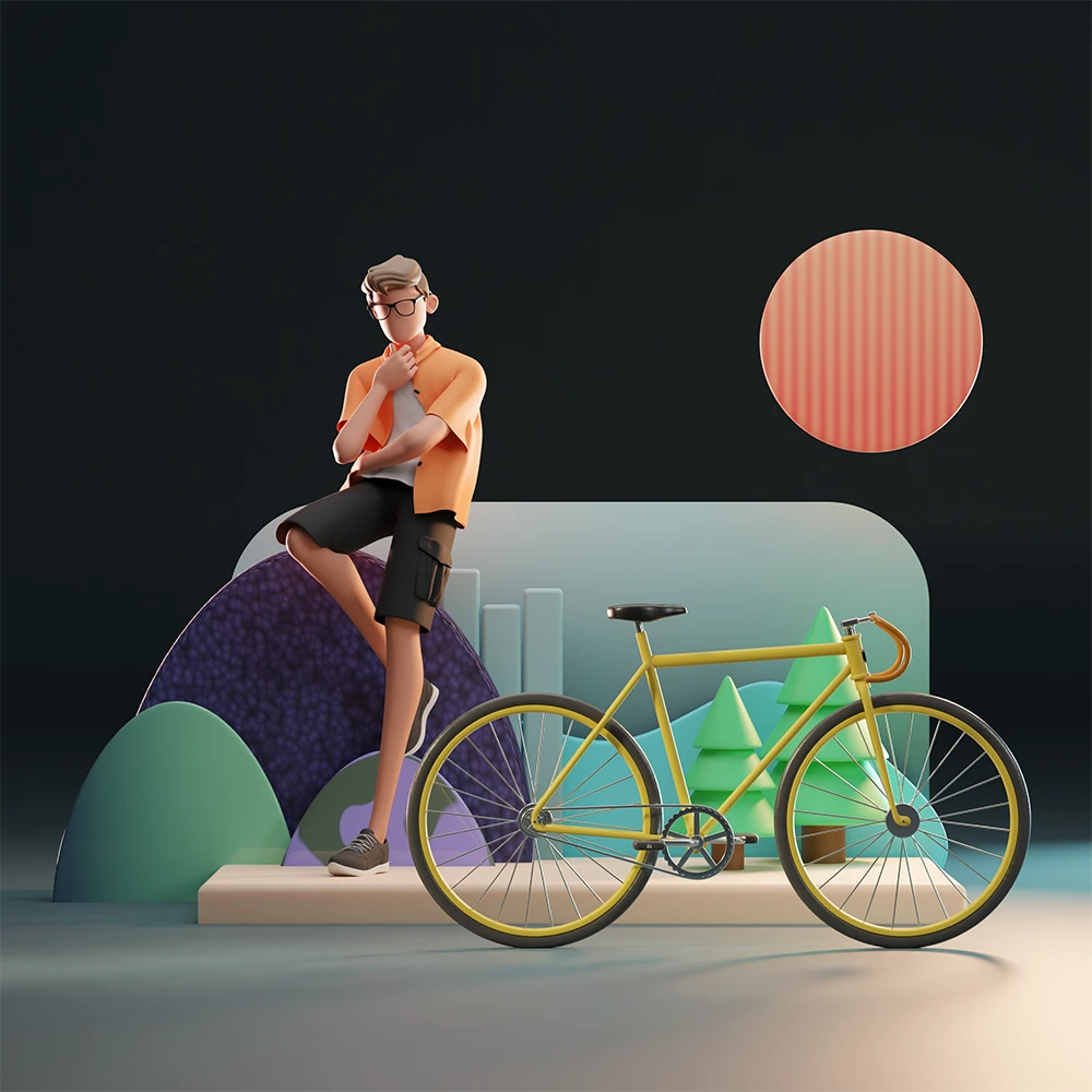 Cartoon 3D character with his 3D bike