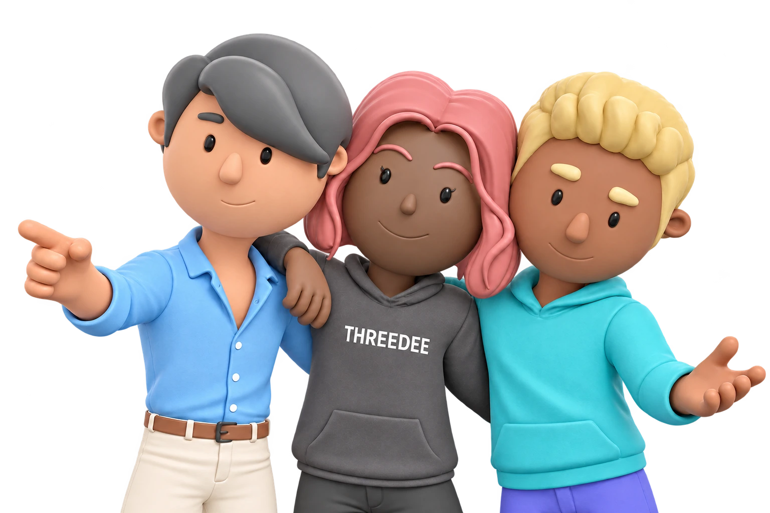 Three stylized friends together, pointing toward the dataset enquiry