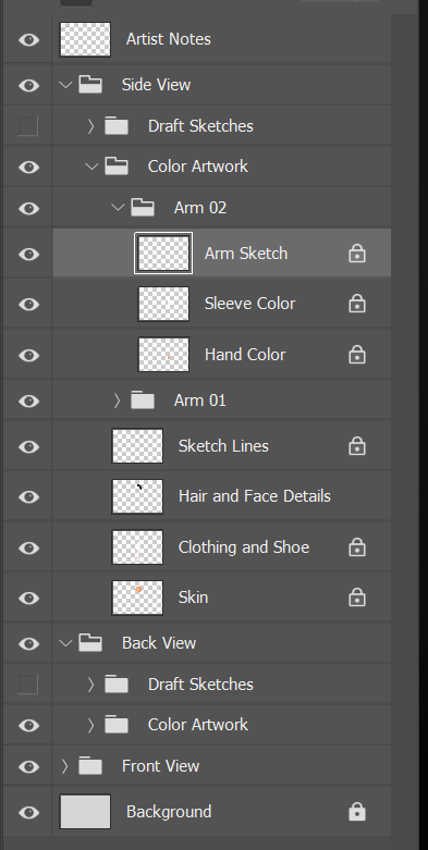 PSD groups organized into front, back and side views, with named artwork layers and retained draft sketches
