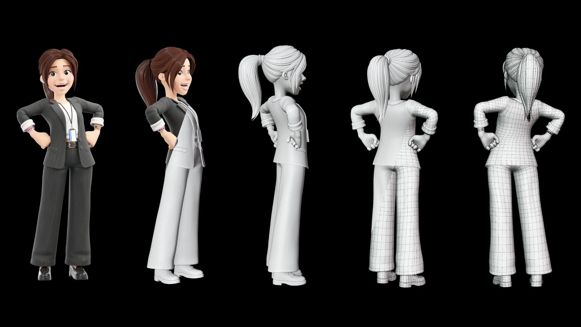 Business Casual Woman rendered clay and wireframe turnaround
