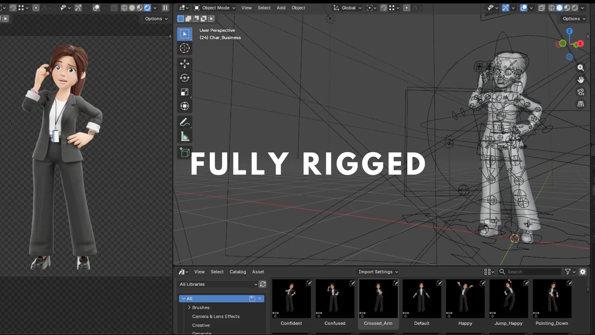 Business Casual Woman fully rigged body controls in Blender
