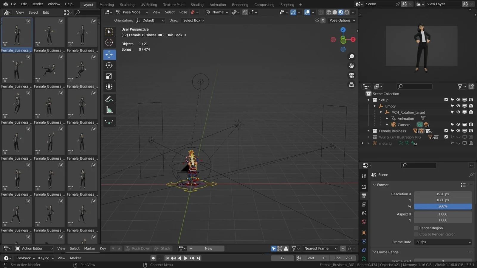 Office Secretary Woman : caméra, éclairage et rig dans Blender