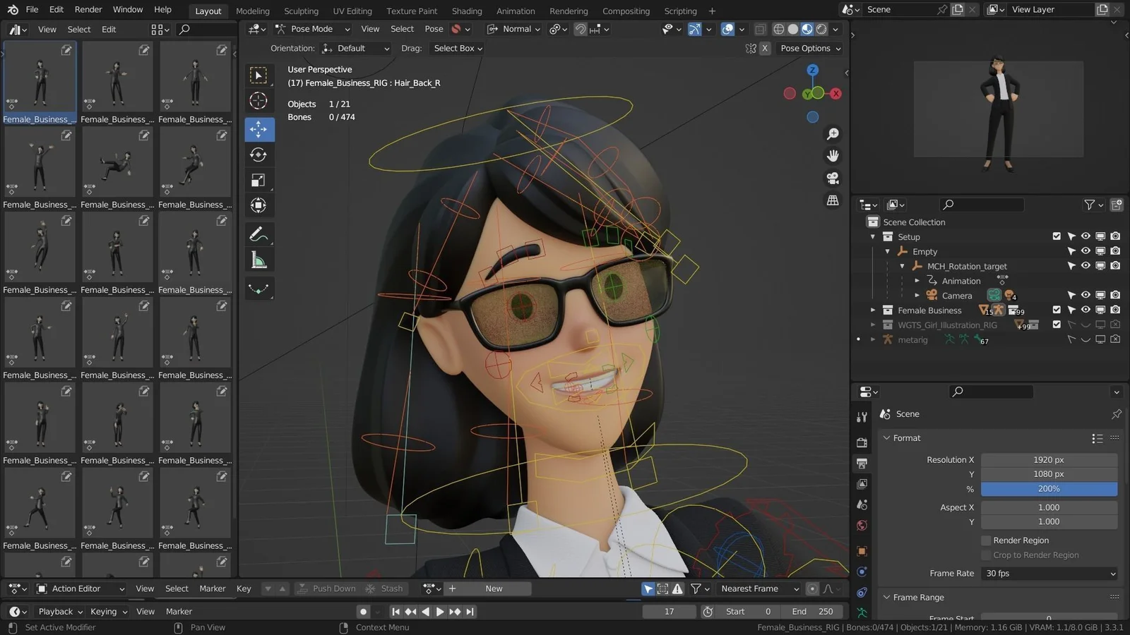 Office Secretary Woman : rig facial, sourire, lunettes et commandes de tête