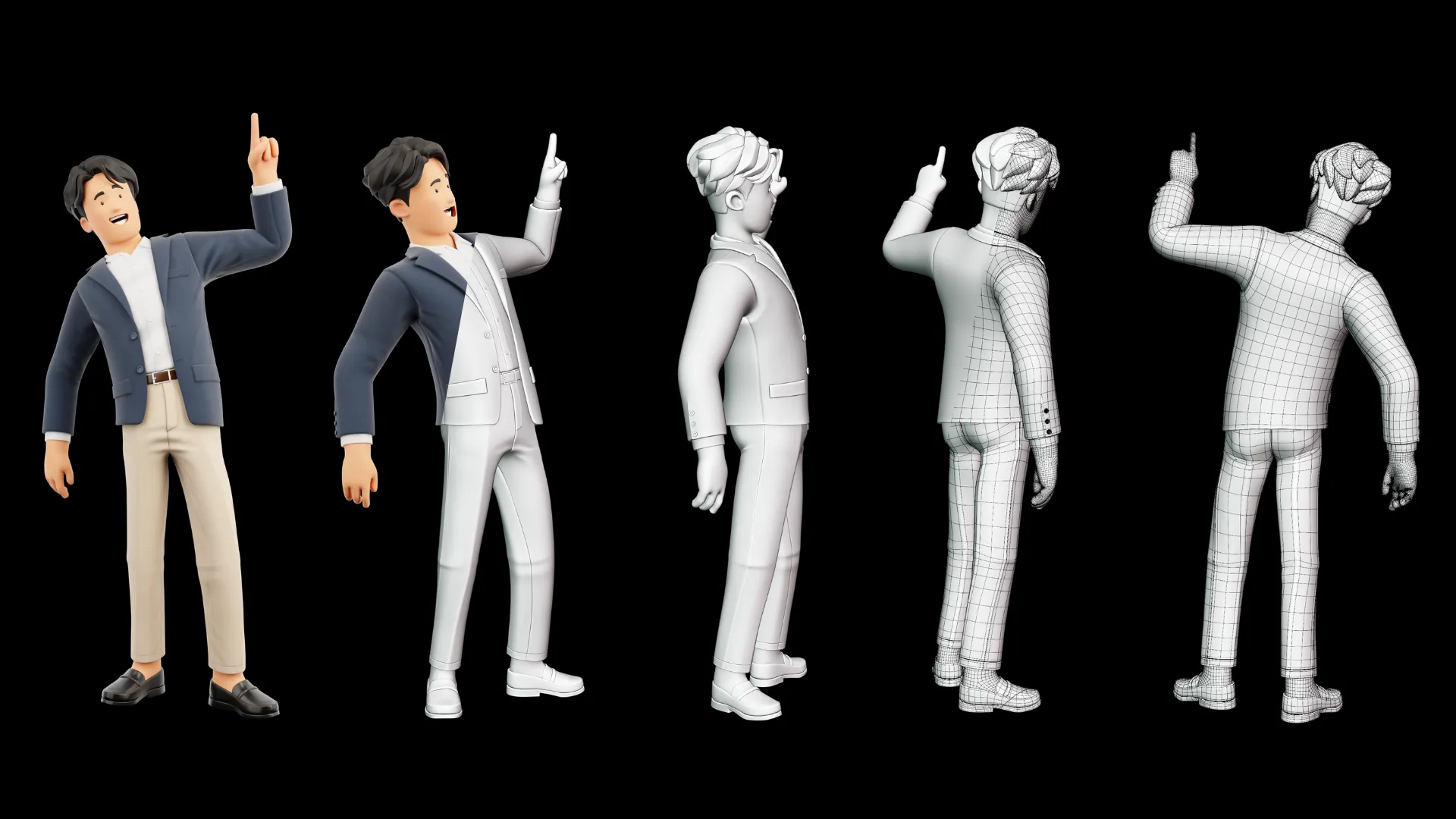 Cartoon Business Casual rendered clay and wireframe comparison