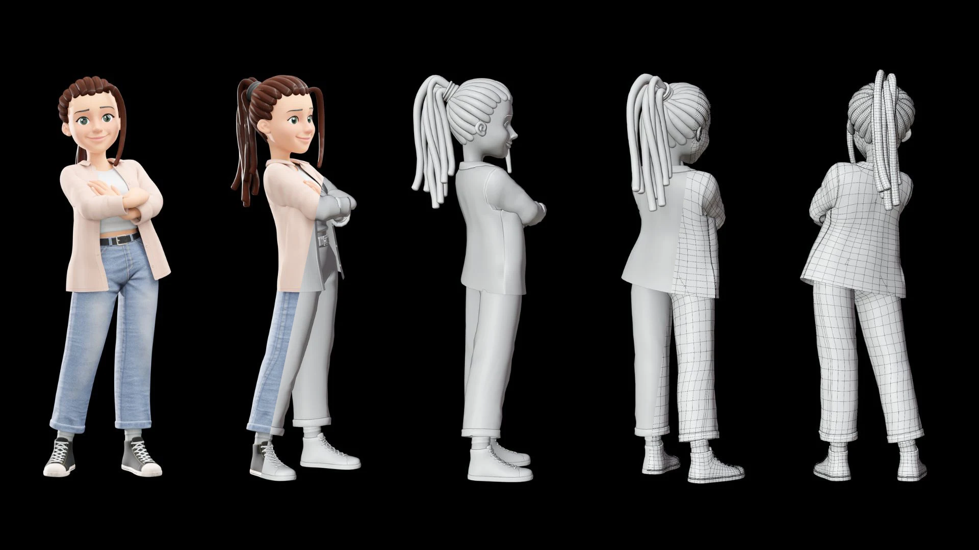 Cartoon Female Casual Streetwear shaded and wireframe comparison