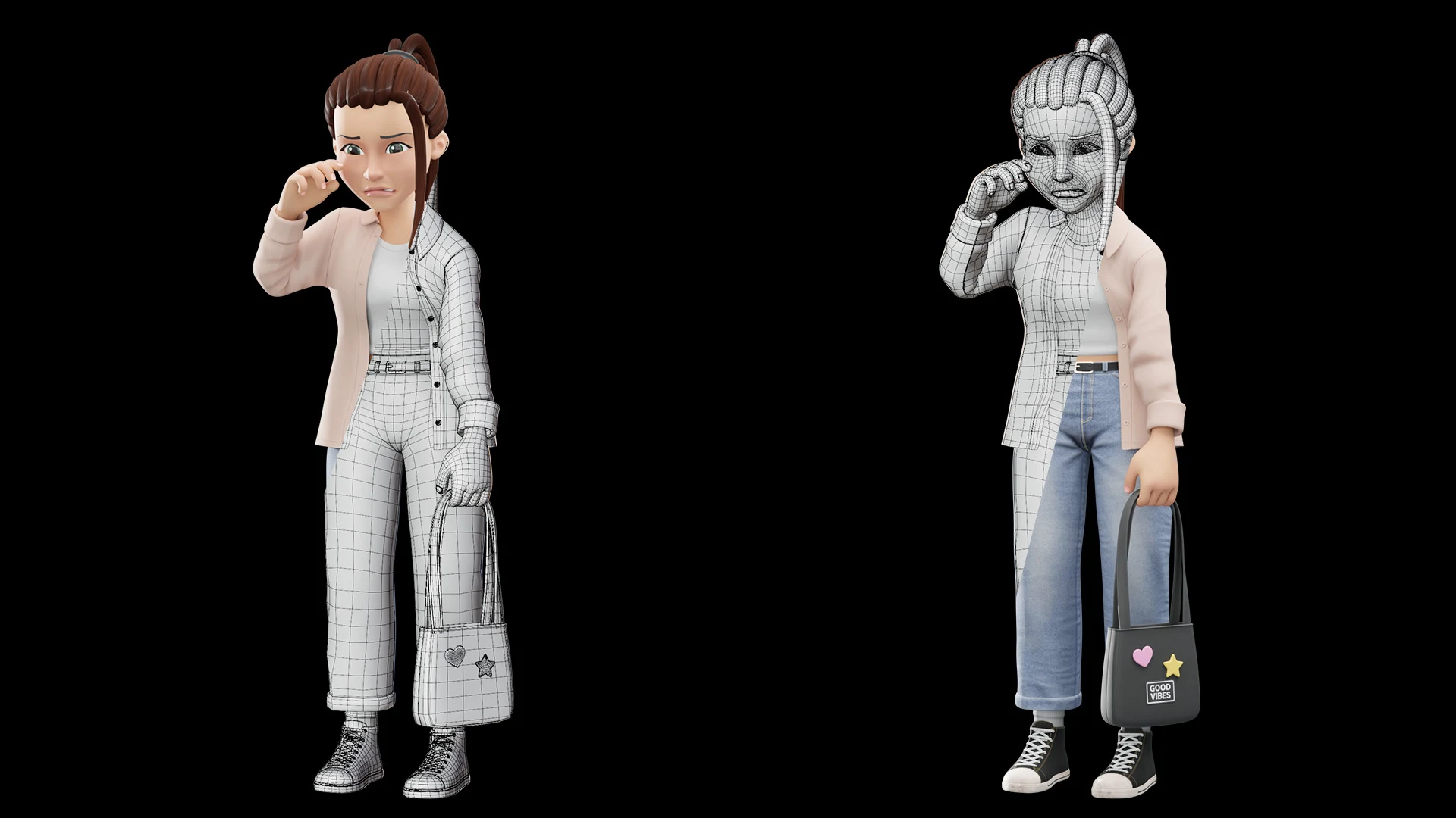 Cartoon Female Casual Streetwear low-poly quad topology