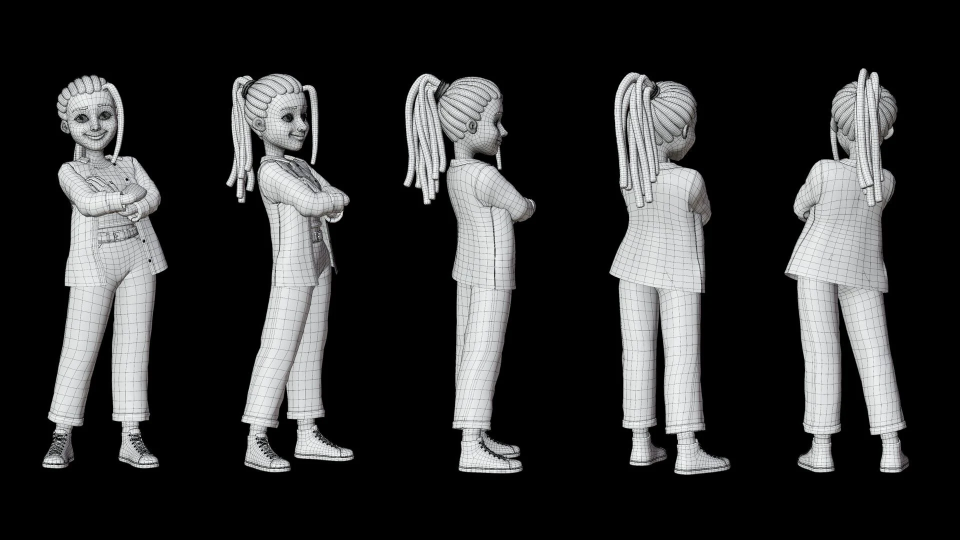 Cartoon Female Casual Streetwear wireframe topology preview