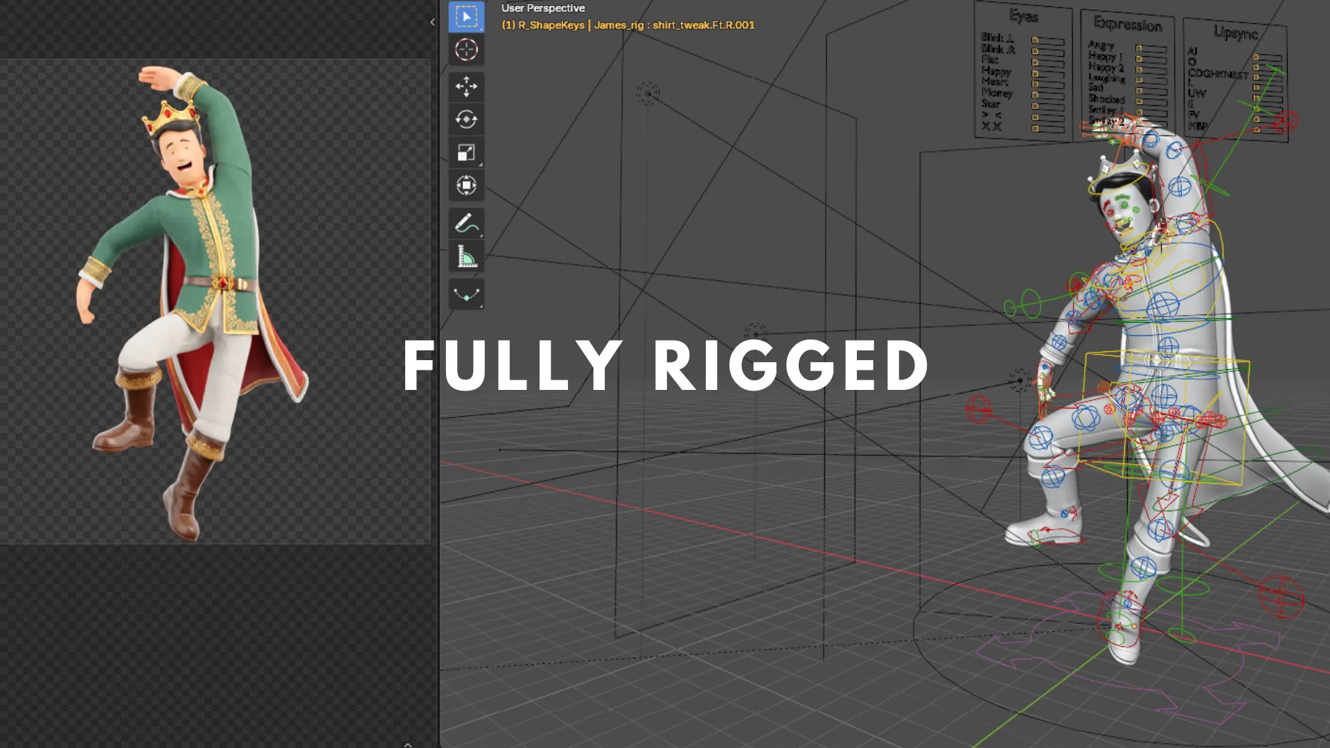 Cartoon King fully rigged body and facial rig Blender preview