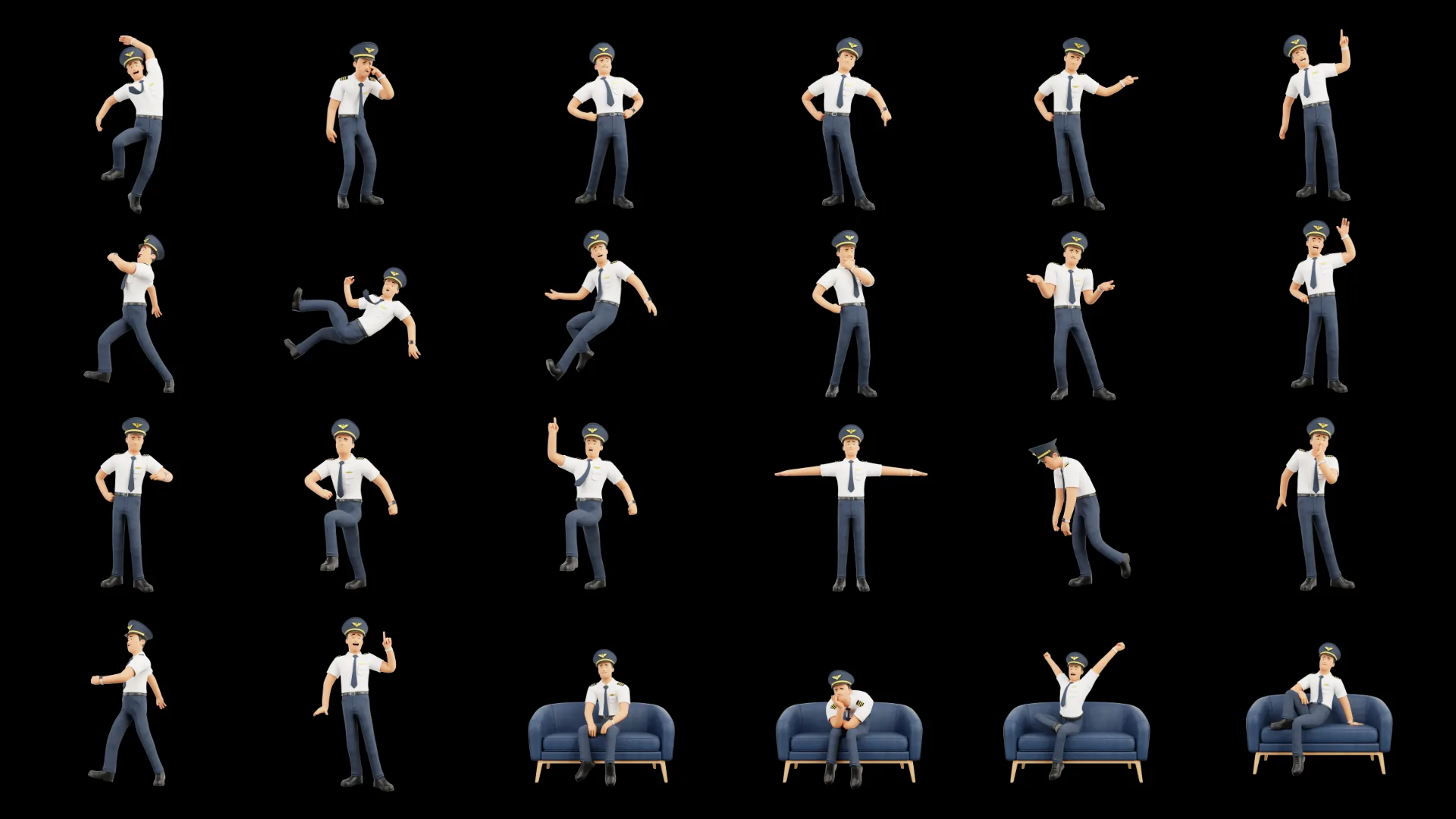 24 Cartoon Pilot poses preview sheet