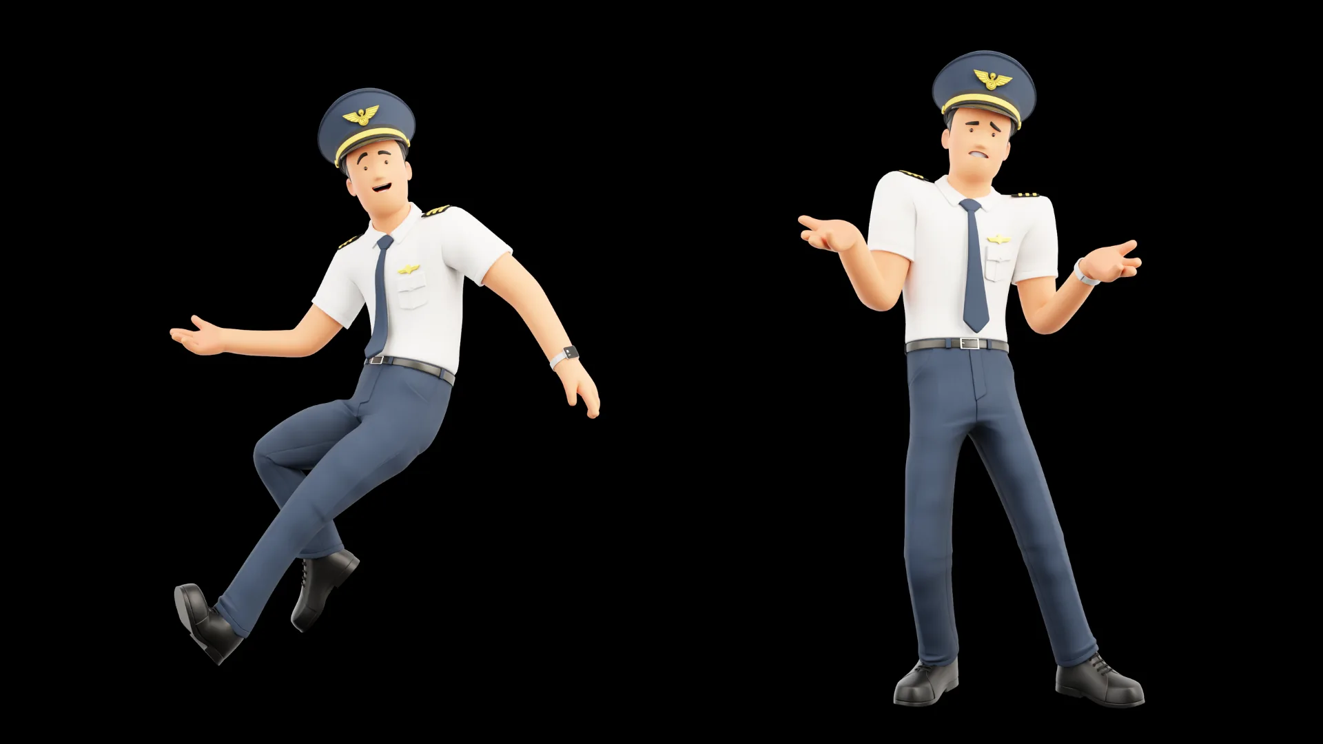 Cartoon Pilot full body floating and shrugging pose closeup