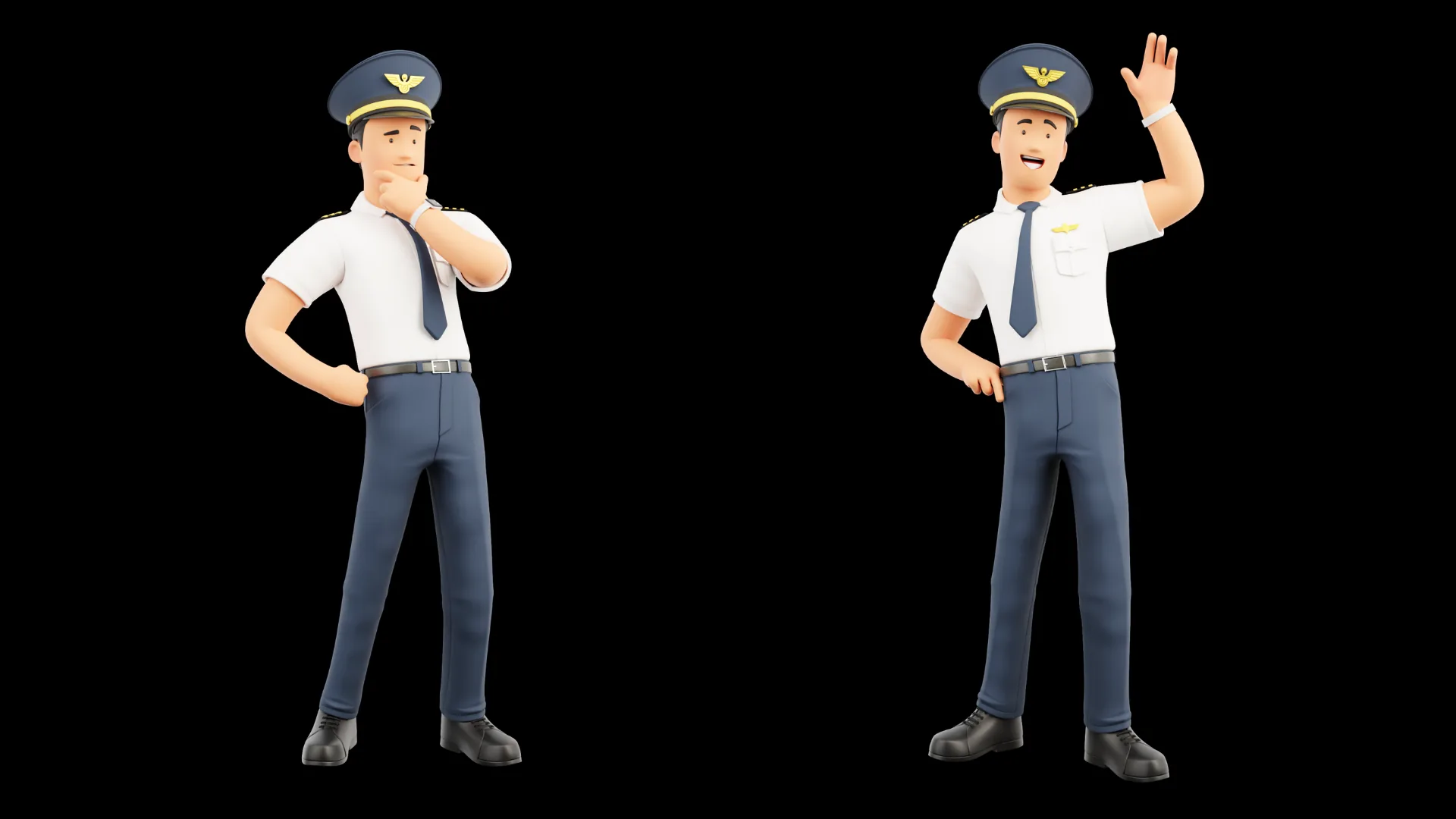 Cartoon Pilot thinking and waving pose closeup
