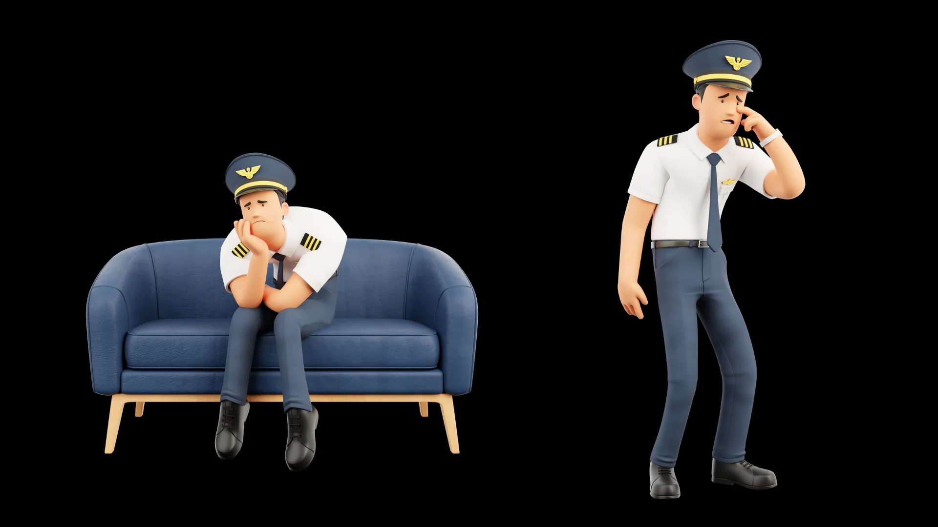 Cartoon Pilot sad couch and crying pose closeup
