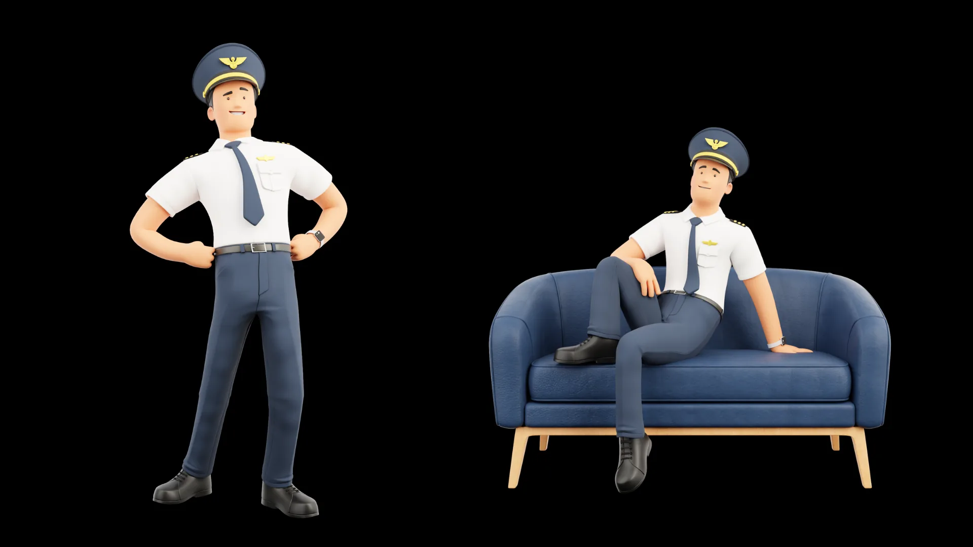 Cartoon Pilot confident standing and seated couch pose closeup