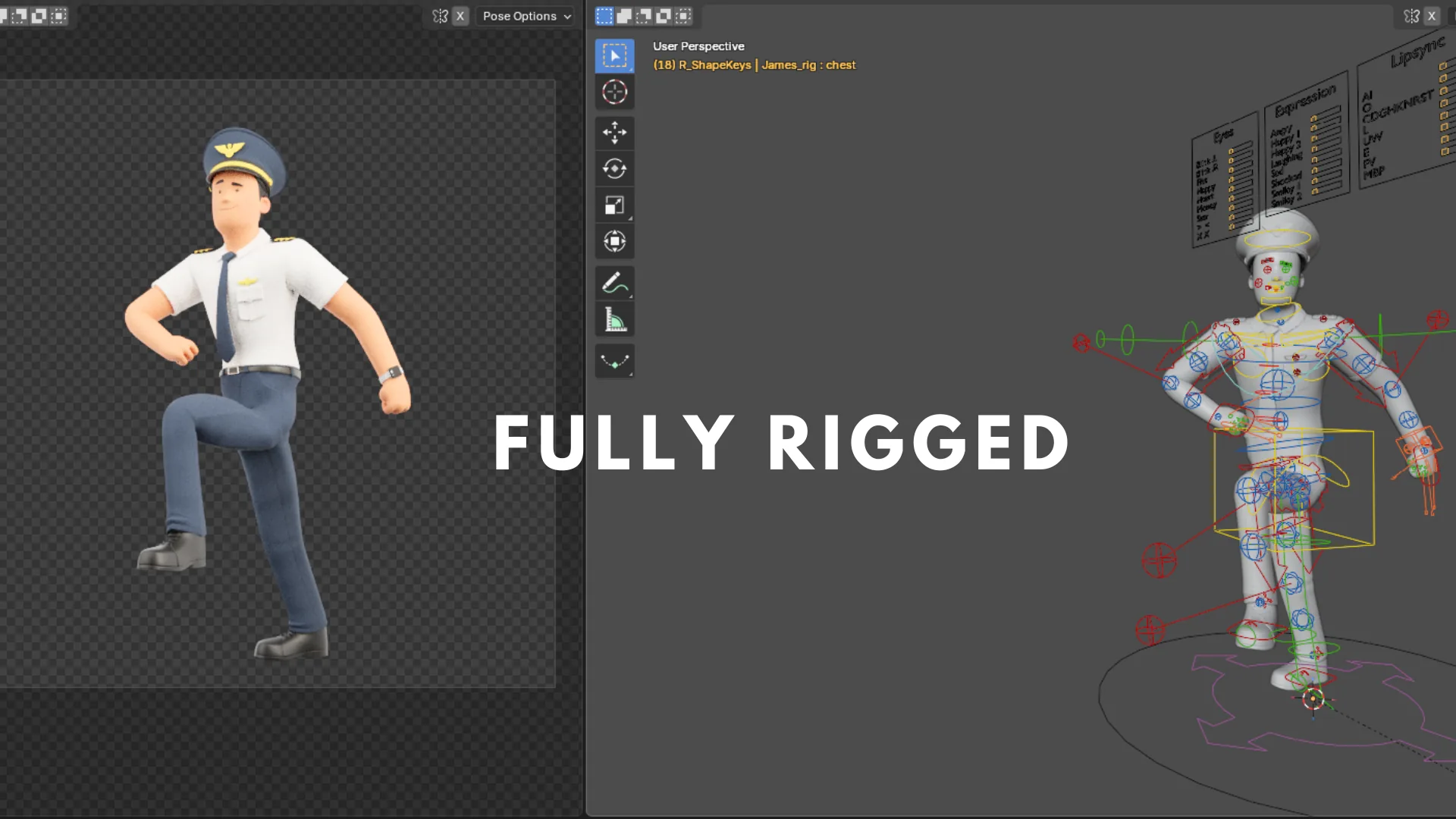 Cartoon Pilot fully rigged body and facial rig Blender preview