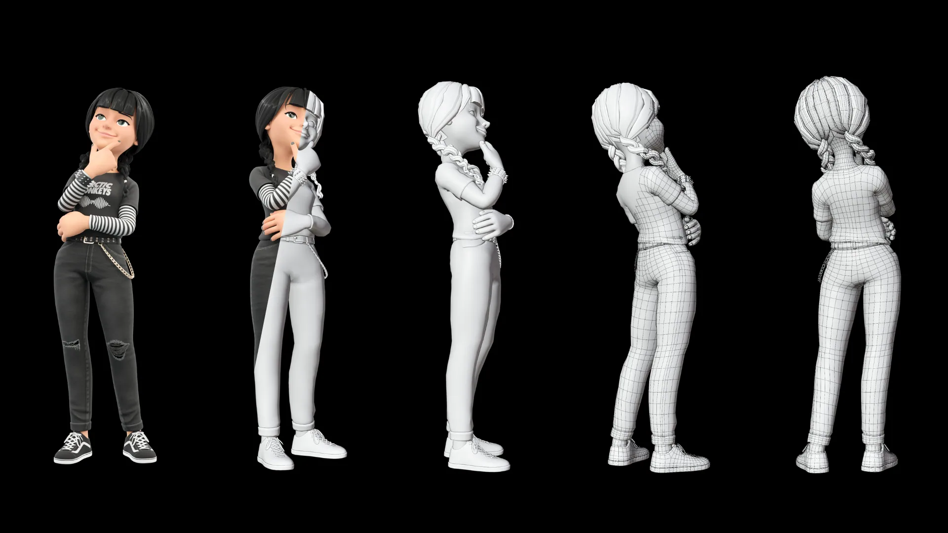 Cartoon Rocker Teen rendered clay and wireframe comparison