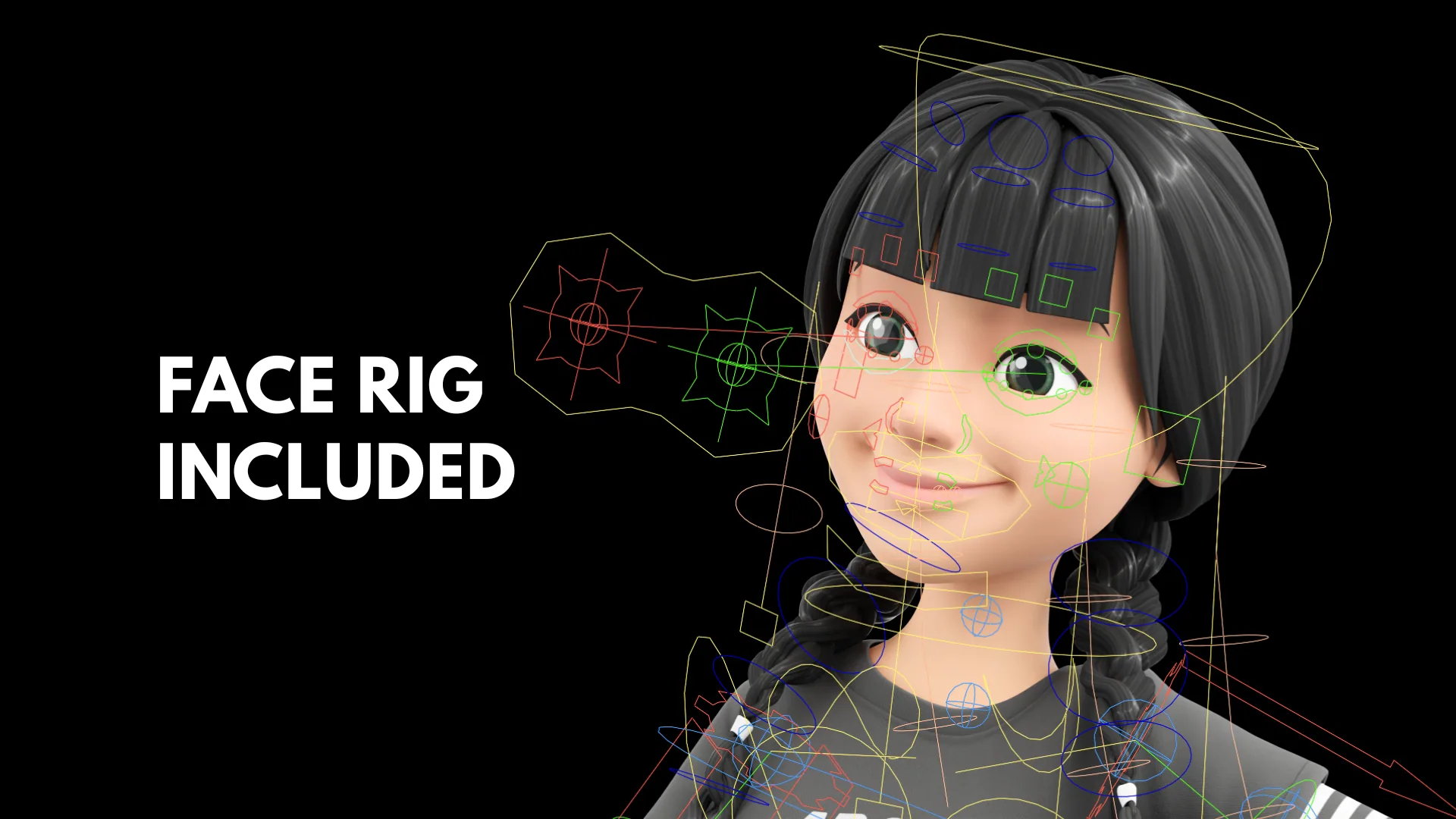 Cartoon Rocker Teen face rig controls in Blender