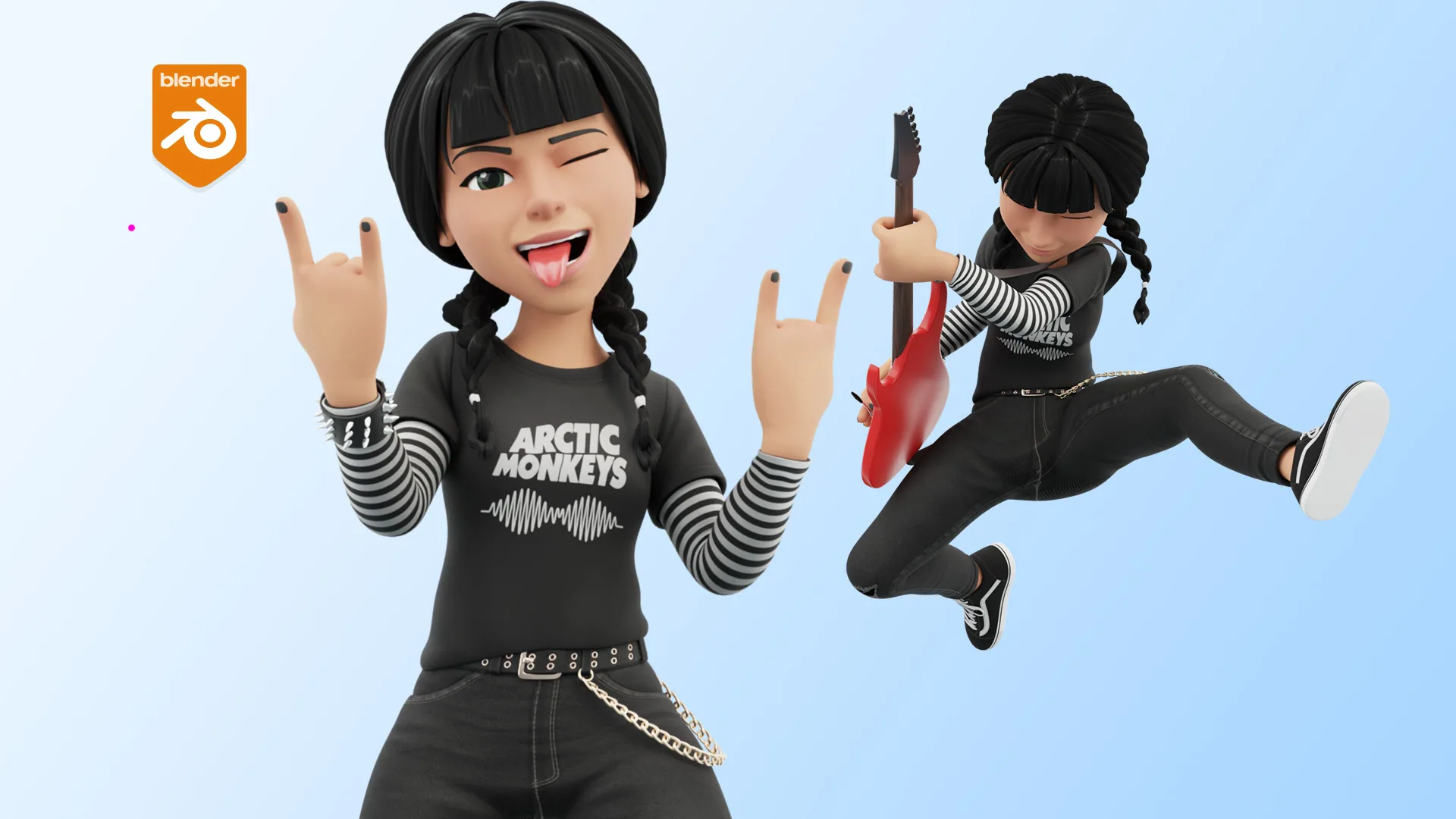 Cartoon Rocker Teen with red electric guitar Blender 3D model preview