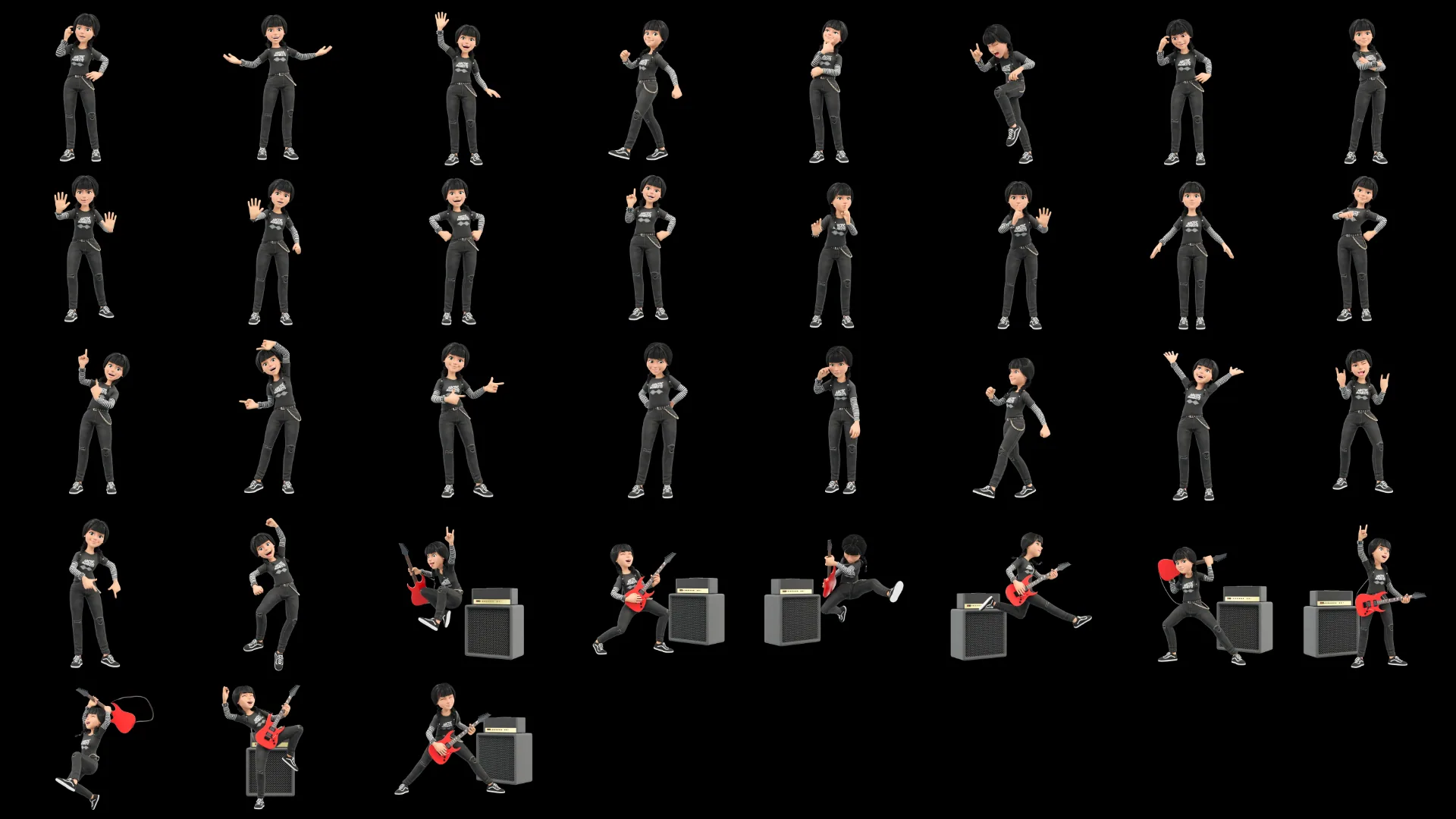 35 Cartoon Rocker Teen premade poses including electric guitar performances