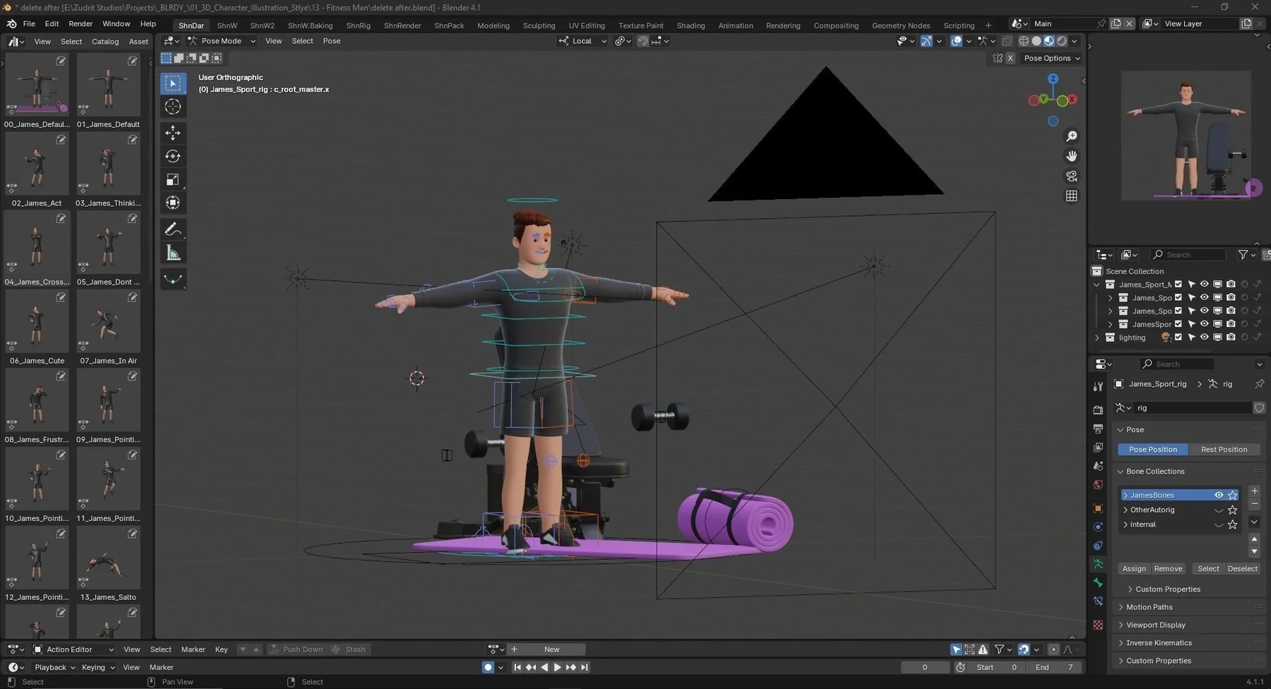 Fitness Man blender preview full body rig t pose and pose library
