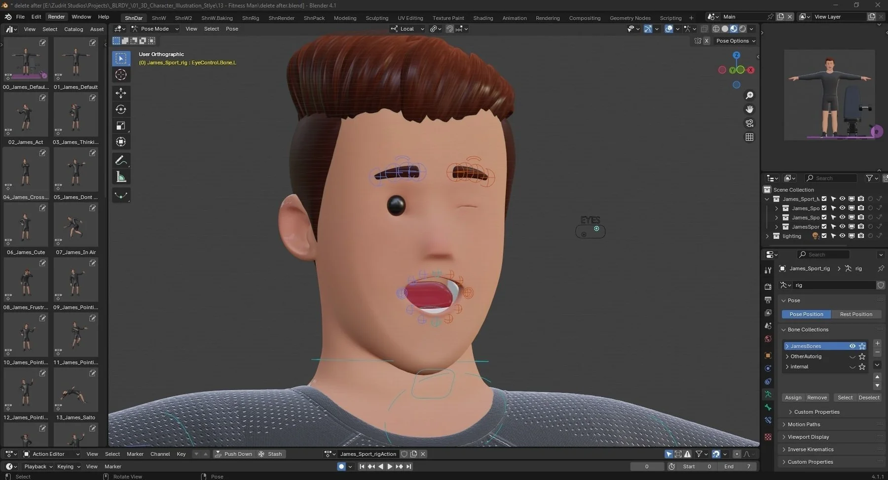 Fitness Man blender face rig preview winking open mouth front