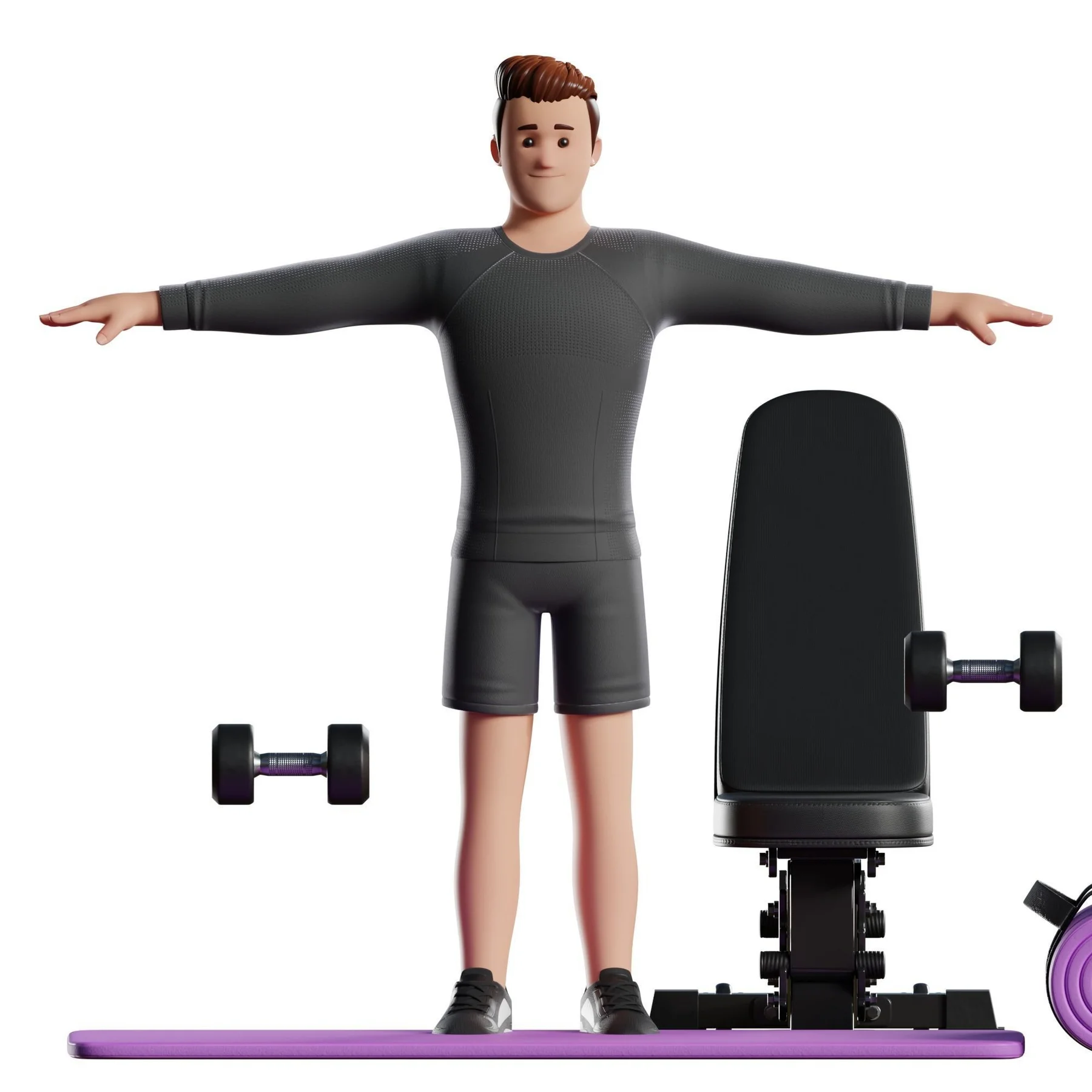 Fitness Man character preview front t pose with gym equipment